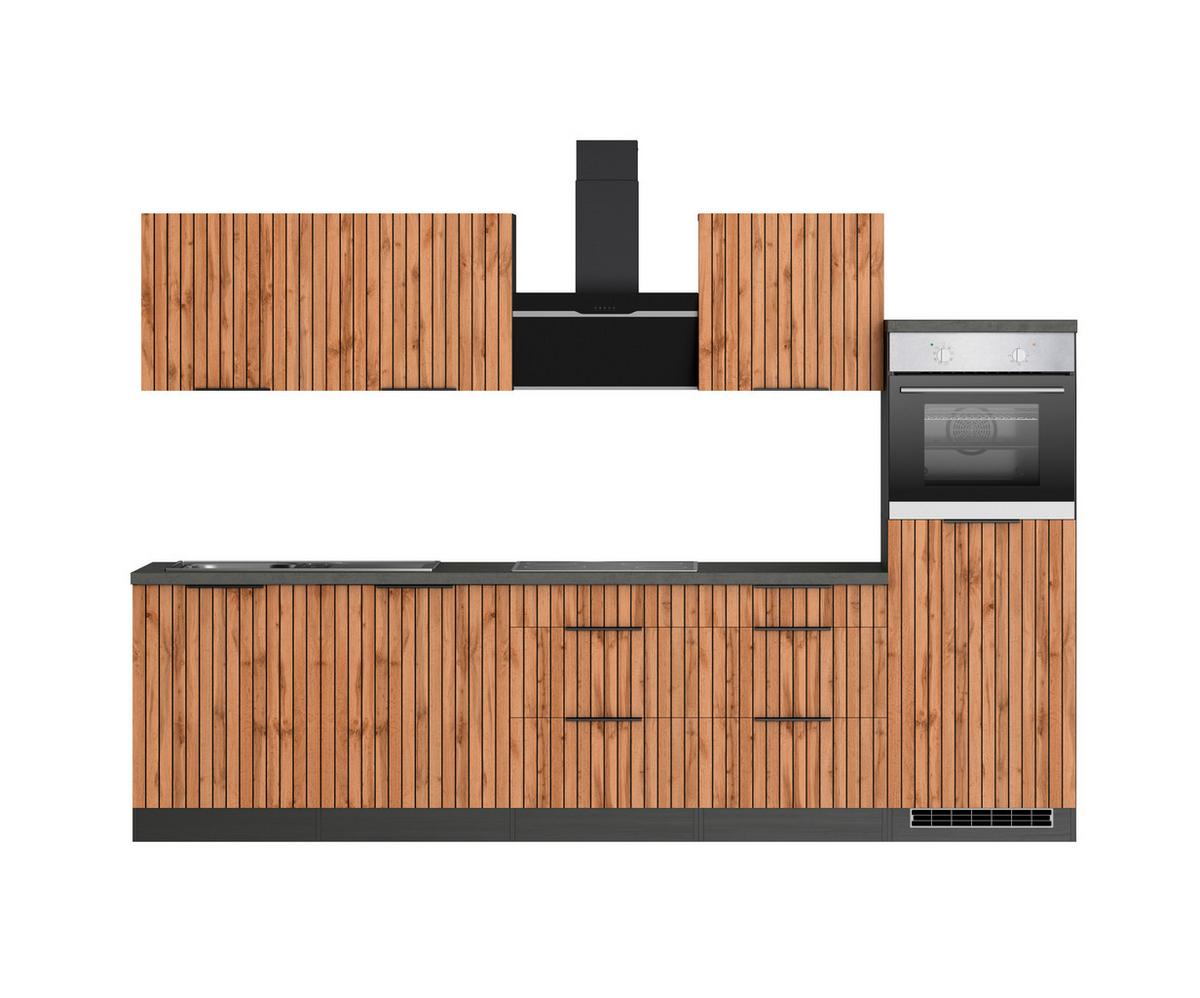 Küchenblock Liverpool m. Geräte Graphit/Eichefarben - Schieferfarben/Eiche Wotan, Basics, Holzwerkstoff/Metall (300cm) - Held