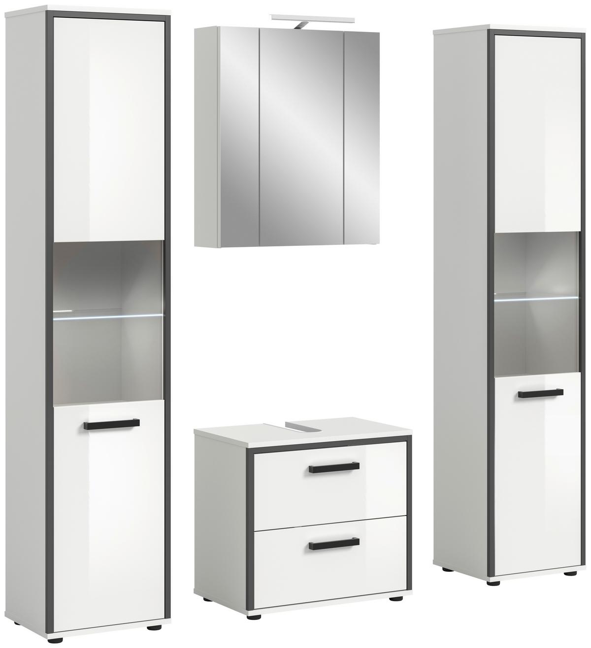 Badezimmer Kojak 4-tlg. Weiß/Anthrazit m. LED - Weiß Hochglanz/Schwarz, MODERN, Holzwerkstoff/Kunststoff (140cm) - MID.YOU