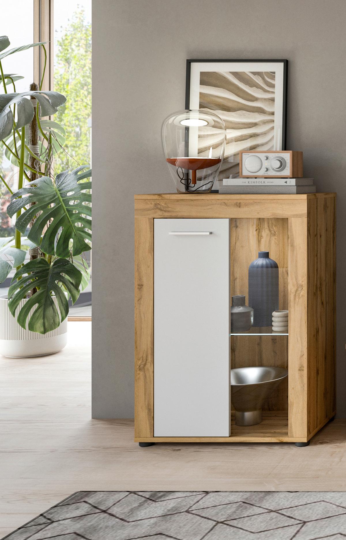 Vitrina Jam - bijela/srebrne boje, Design, staklo/drvni materijal (86/60/35cm) - Modern Living