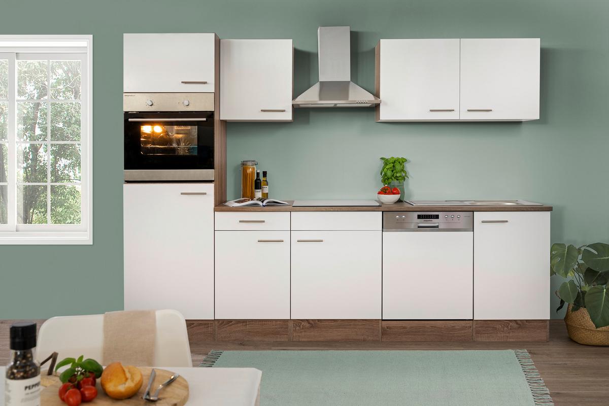 Küchenzeile ohne Geräte Weiß/Eiche B: ca. 280 cm - Edelstahlfarben/Eichefarben, Basics, Holzwerkstoff/Metall (280/205/60cm) - Respekta
