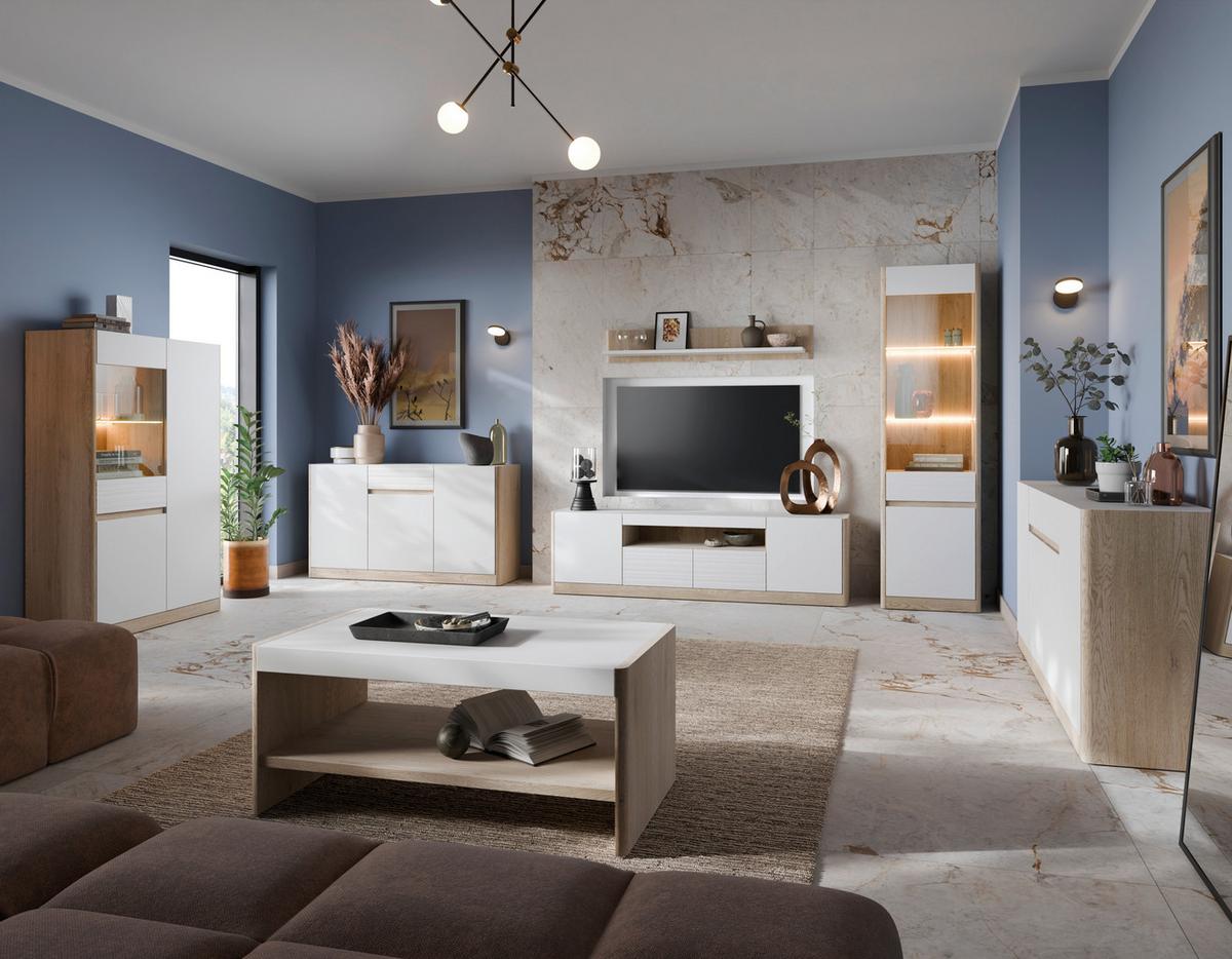 Comodă TV CALIMA - alb/culoare lemn stejar, Konventionell, material pe bază de lemn (185,6/52,5/40,3cm) - Modern Living