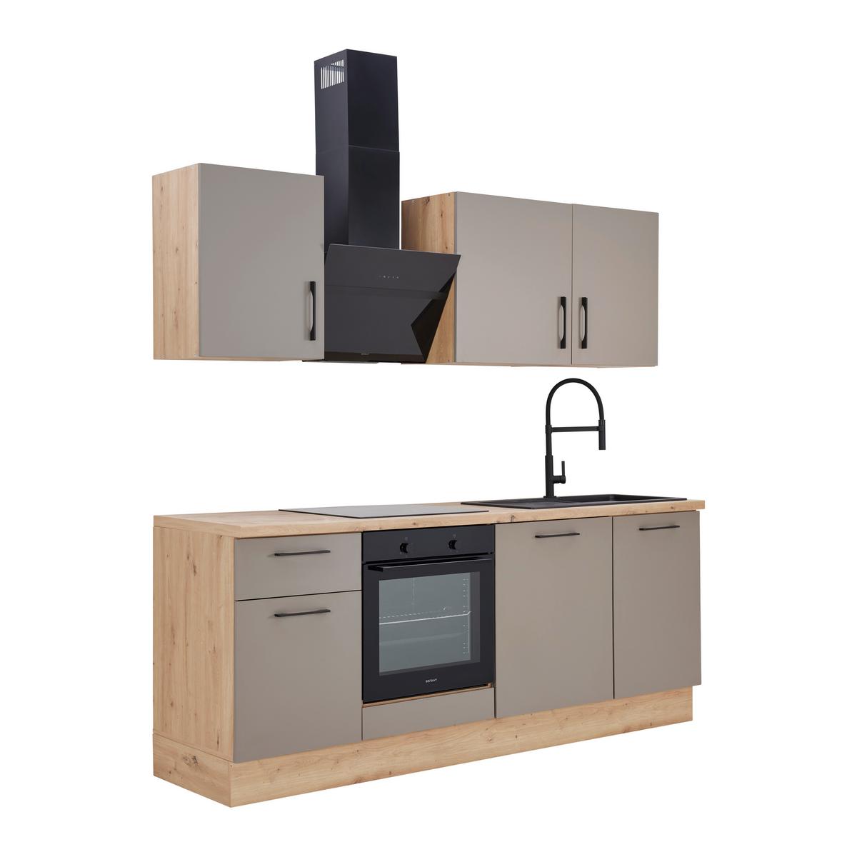 Küchenblock LINZ 220cm Cubanit grau ohne Geräte - Schwarz/Eiche Artisan, MODERN, Holzwerkstoff/Metall (220cm)