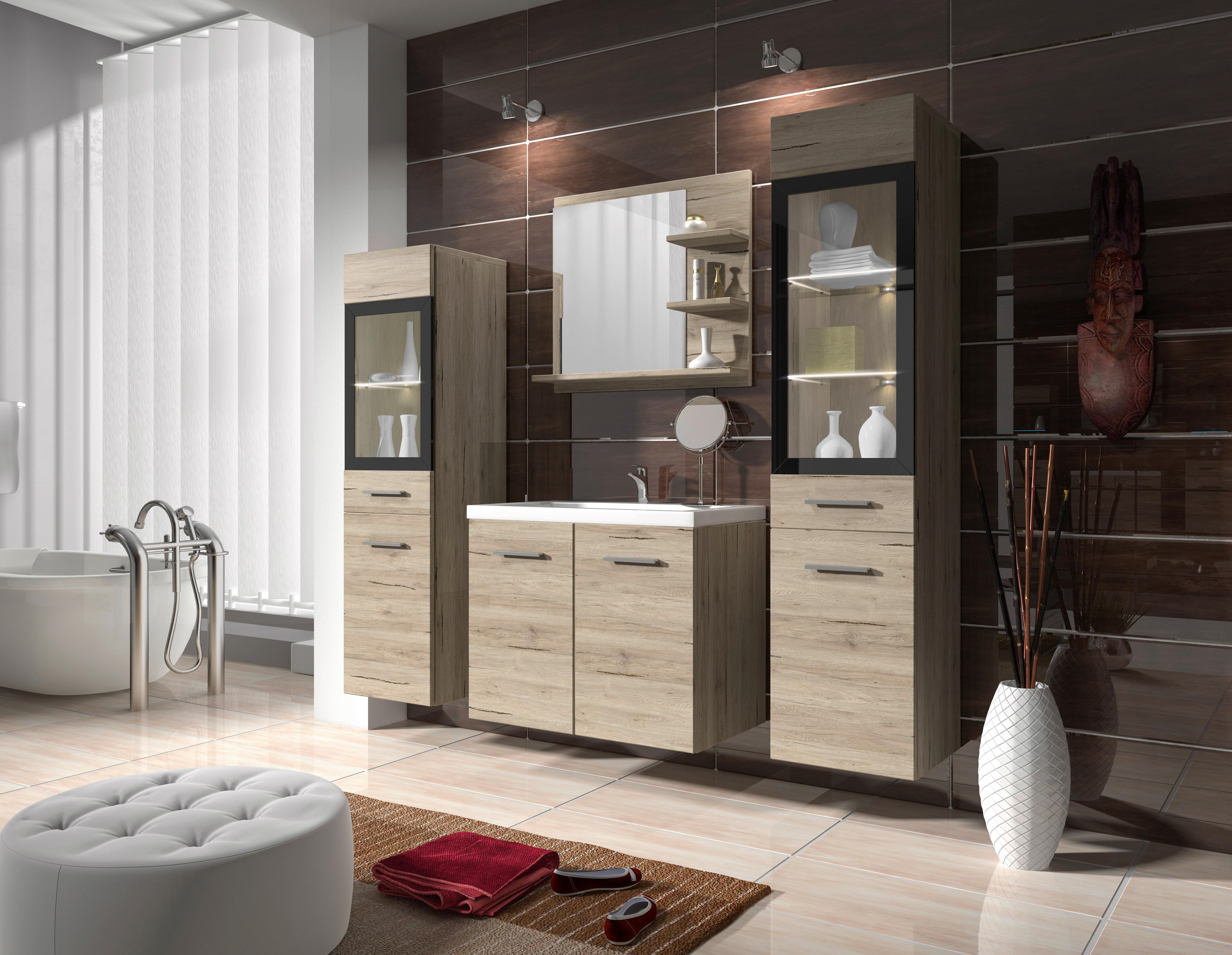 Badmöbel-Set 5-tlg. Madrit mit LED ca. 120 cm Eiche - Eiche San Remo/Weiß, LIFESTYLE, Glas/Holzwerkstoff (120cm) - P & B