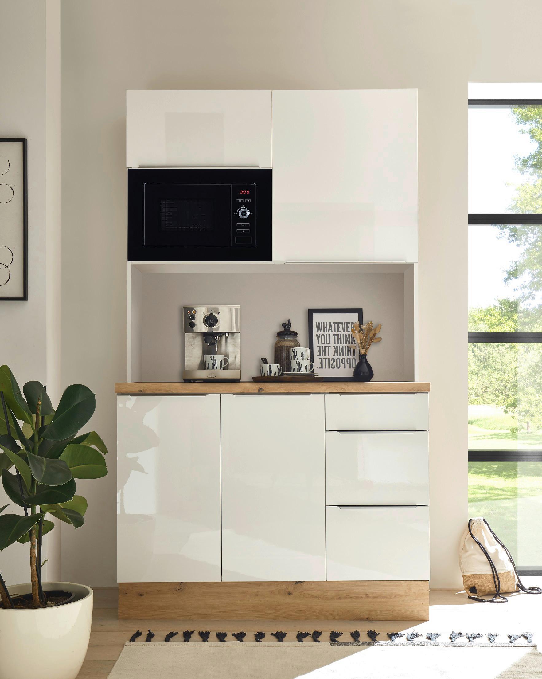 Miniküche Marleen m. Mikrowell e Weiß Hochglanz B: ca. 120 cm - Weiß Hochglanz/Alufarben, LIFESTYLE, Holzwerkstoff/Kunststoff (120/211/60cm) - Respekta