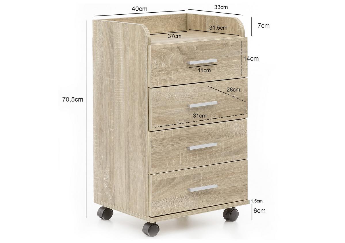 Predalnik Na Kolescih Rollcontainer - srebrne barve/barve hrasta, Konvencionalno, kovina/umetna masa (40/70,5/33cm) - MID.YOU