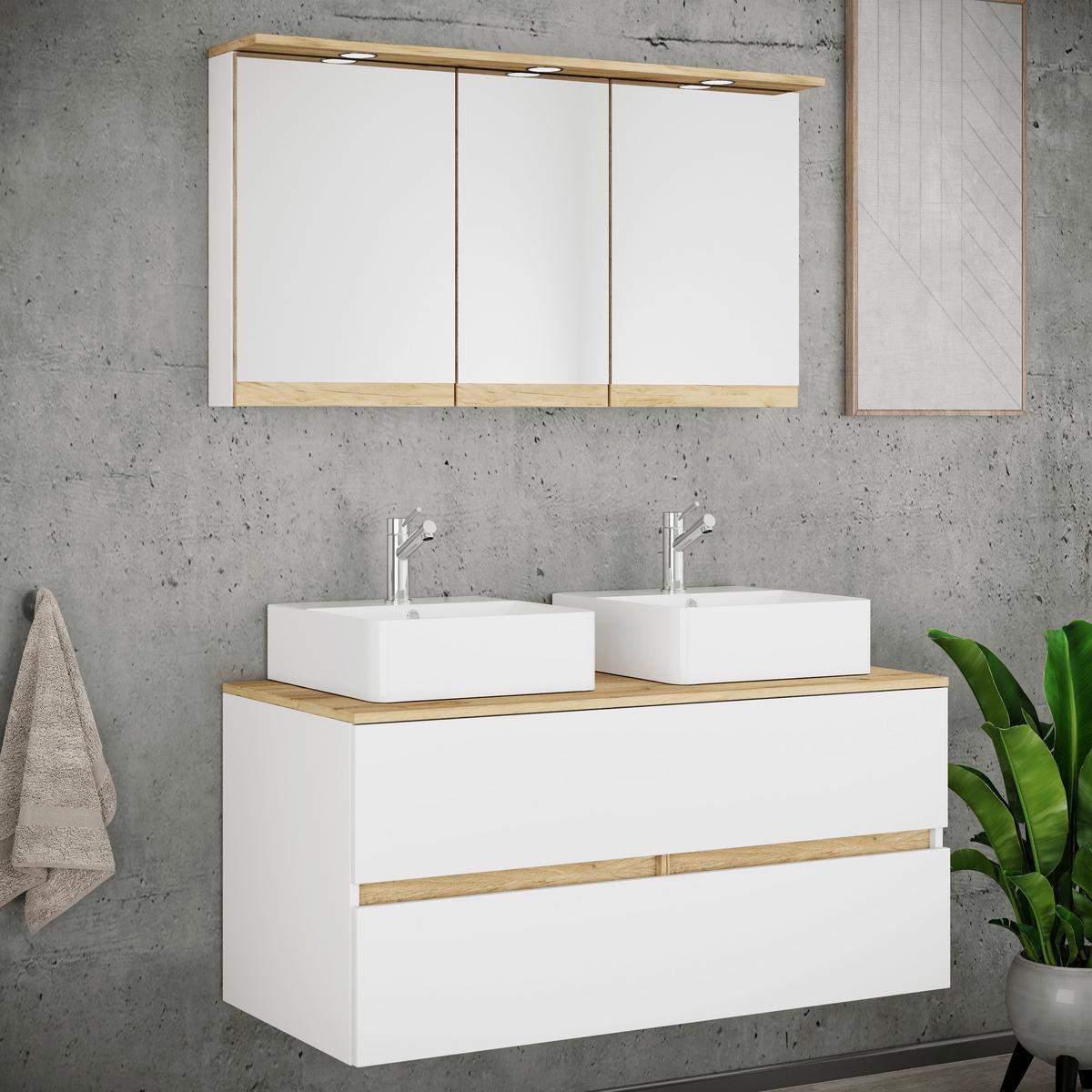 Badezimmer Cosila - Honigeiche/Weiss, Trend, Keramik/Holzwerkstoff (111cm) - MID.YOU