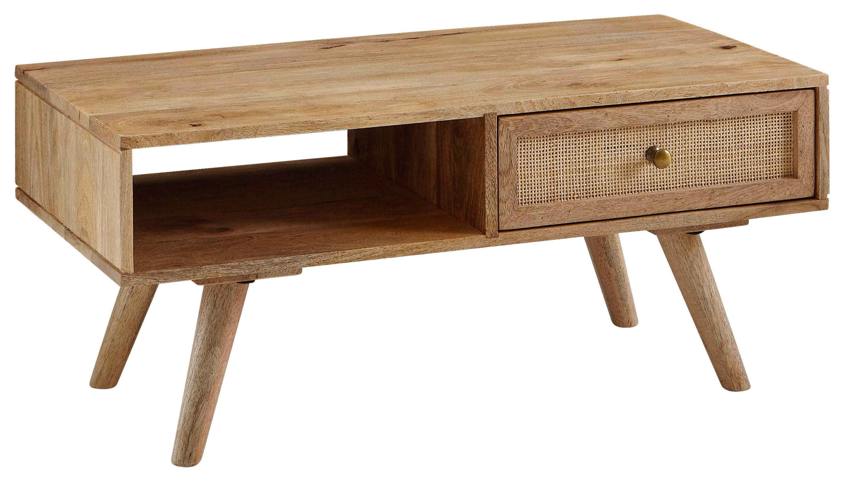 Couchtisch Holz massiv mit Stauraum, Lade - Goldfarben/Naturfarben, KONVENTIONELL, Holz/Metall (90/45/40cm) - MID.YOU