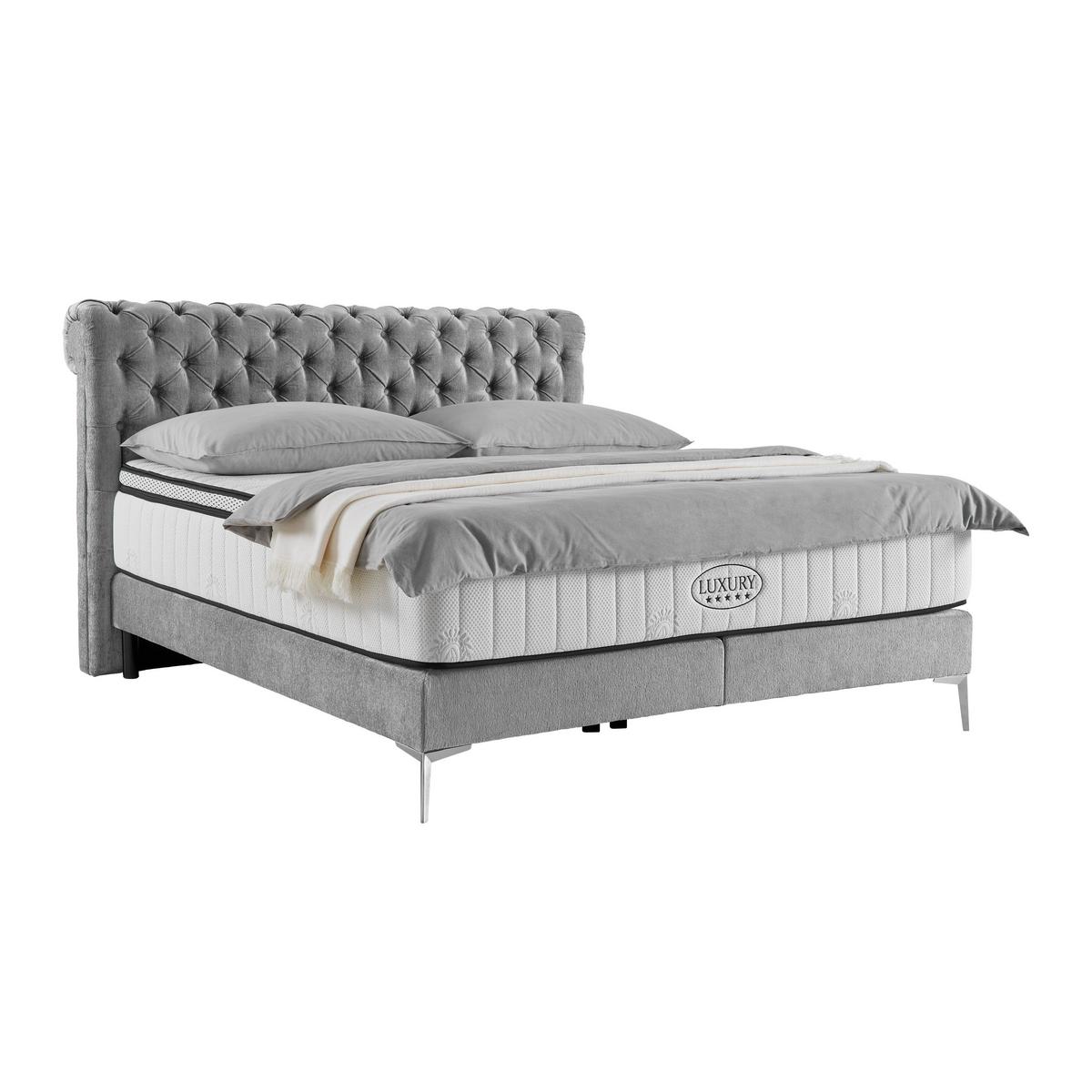 Boxspringbett Queen in Grau ca. 180x200cm - Chromfarben/Schwarz, KONVENTIONELL, Textil (180/200cm) - Premium Living