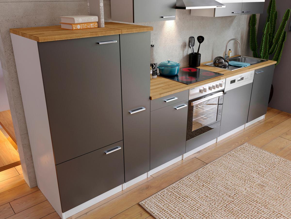 Küchenzeile Economy m. Geräten Grau/Nussbaum B: ca. 310 cm - Edelstahlfarben/Nussbaumfarben, Basics, Holzwerkstoff/Metall (310cm) - Respekta