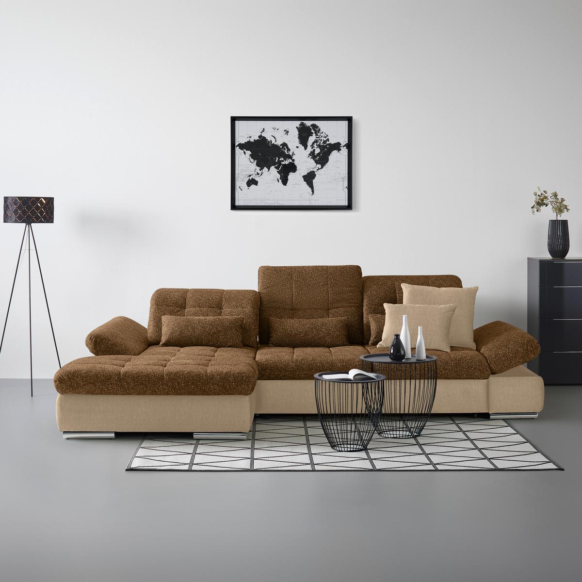 Wohnlandschaft Sanfino Taupe/Cognac - Taupe/Chromfarben, KONVENTIONELL, Holz/Textil (199/79-96/305cm) - Premium Living