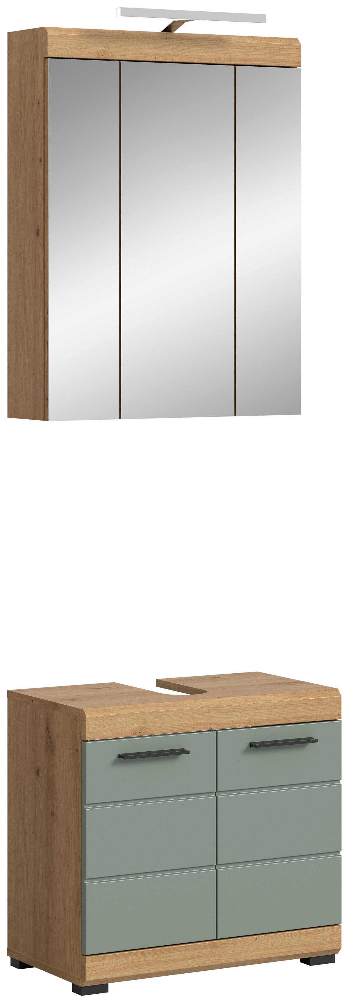 Badezimmer Scout 2-tlg. mit LED ca. 60 cm Salbeigrün - Salbeigrün/Schwarz, MODERN, Glas/Holzwerkstoff (60cm) - MID.YOU