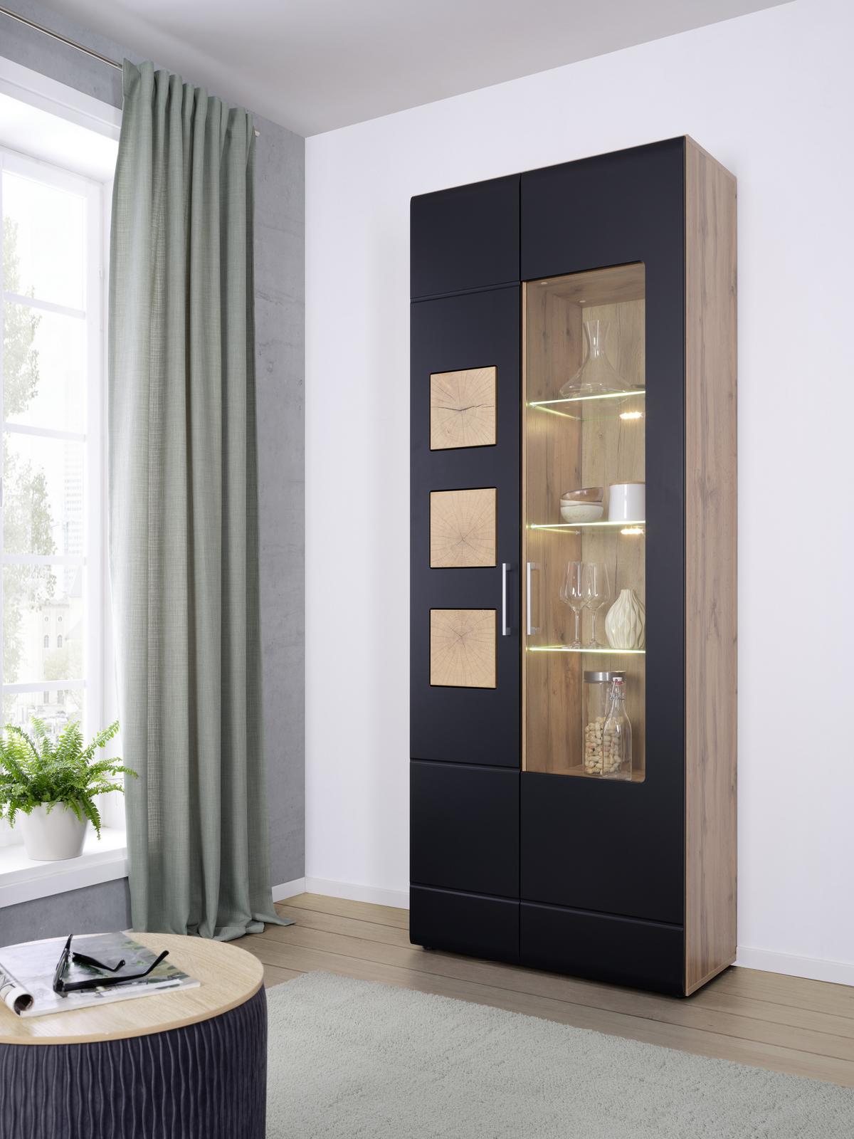 Vitrine in Schwarz/Eichefarben - Chromfarben/Eichefarben, KONVENTIONELL, Glas/Holzwerkstoff (80/208/37cm) - Mömax