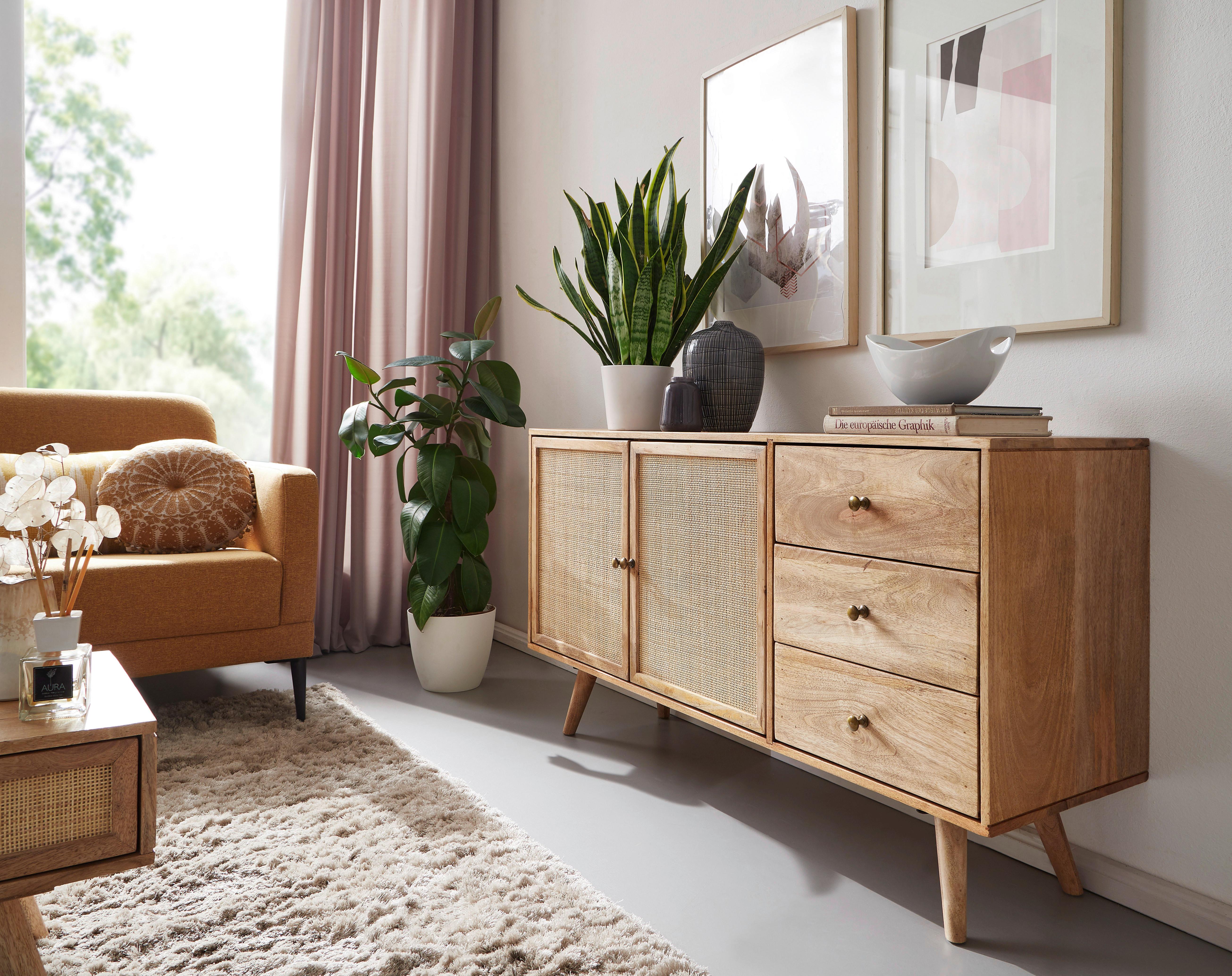 Komoda Mango, Pravi Les - zlate barve/rjava, Design, kovina/les (140/75/40cm) - MID.YOU