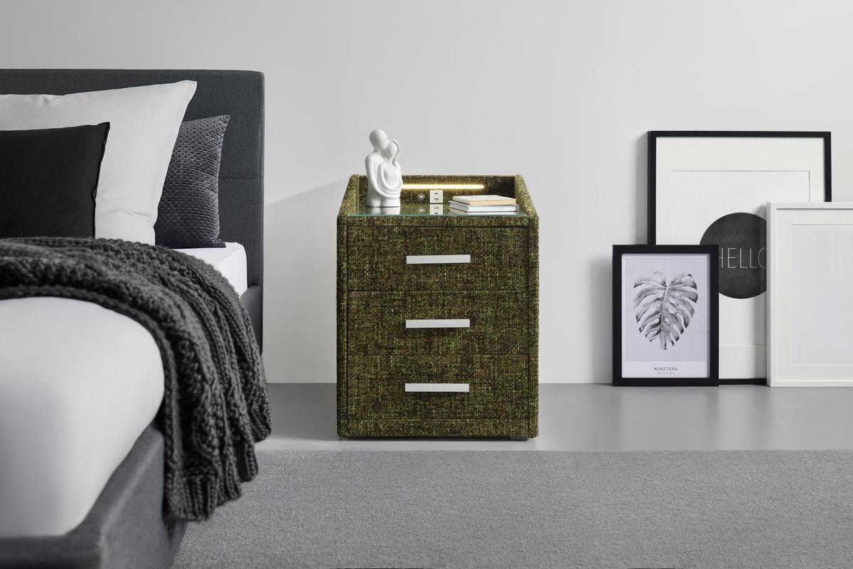 Nachtkästchen Moon Grün mit USB- und Typ C-Anschluss - Silberfarben/Schwarz, Konventionell, Holzwerkstoff/Kunststoff (47/61/46cm) - Premium Living