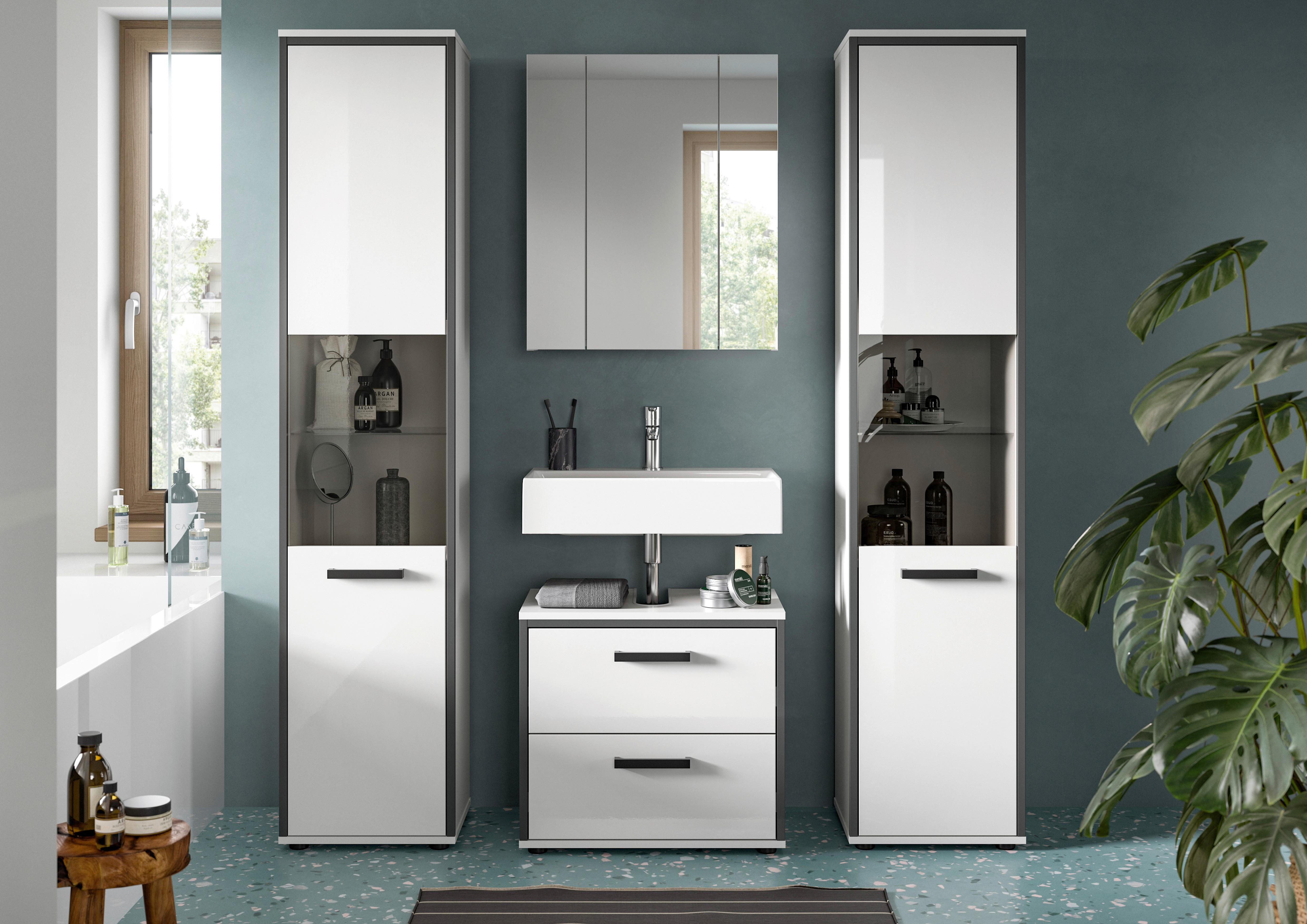 Badezimmer Kojak 4-tlg. Weiß/Anthrazit - Weiß Hochglanz, MODERN, Holzwerkstoff/Kunststoff (140cm) - MID.YOU