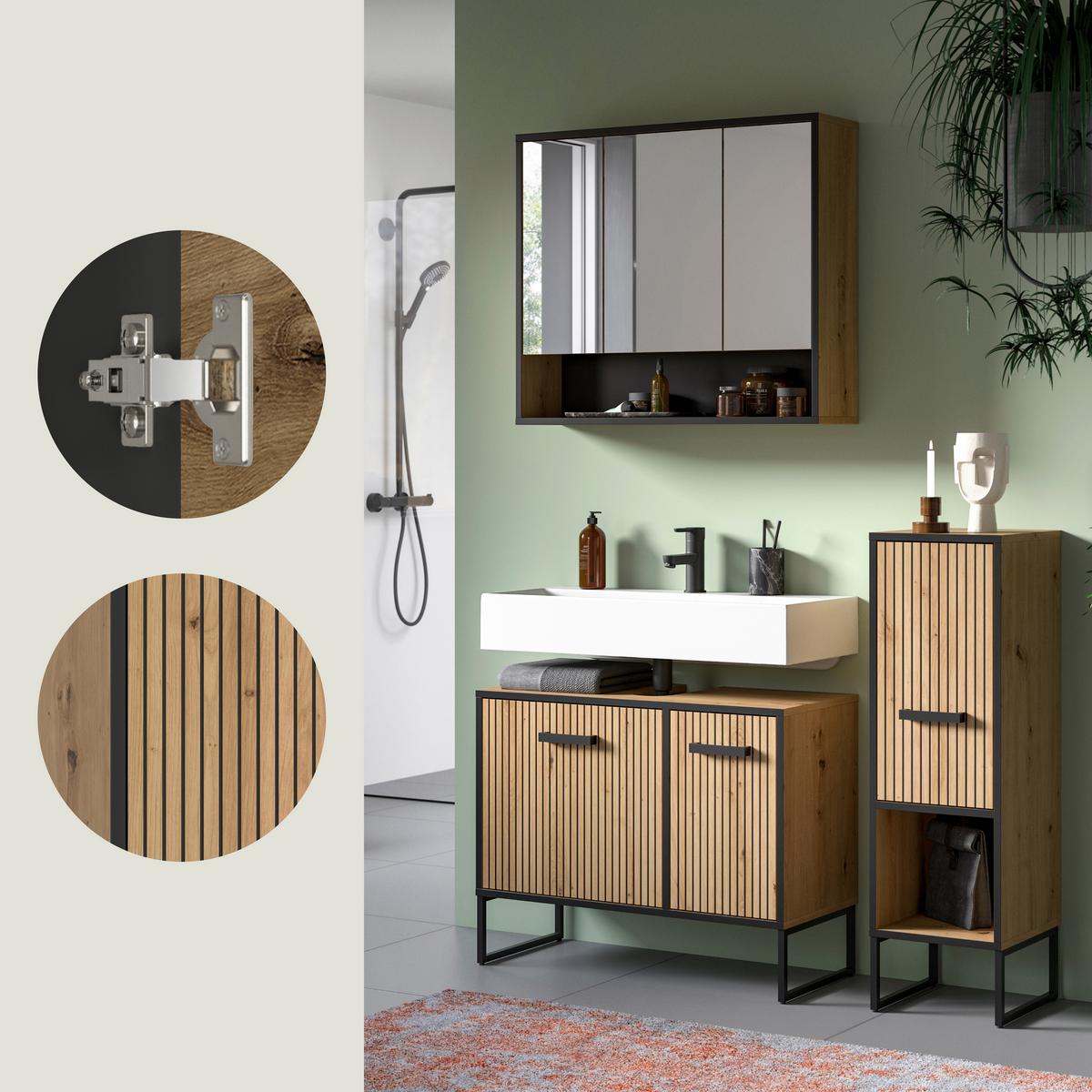 Badezimmer Bagno 3-tlg. Eiche Artisan/Schwarz - Schwarz/Eiche Artisan, Trend, Glas/Holzwerkstoff (110cm) - MID.YOU