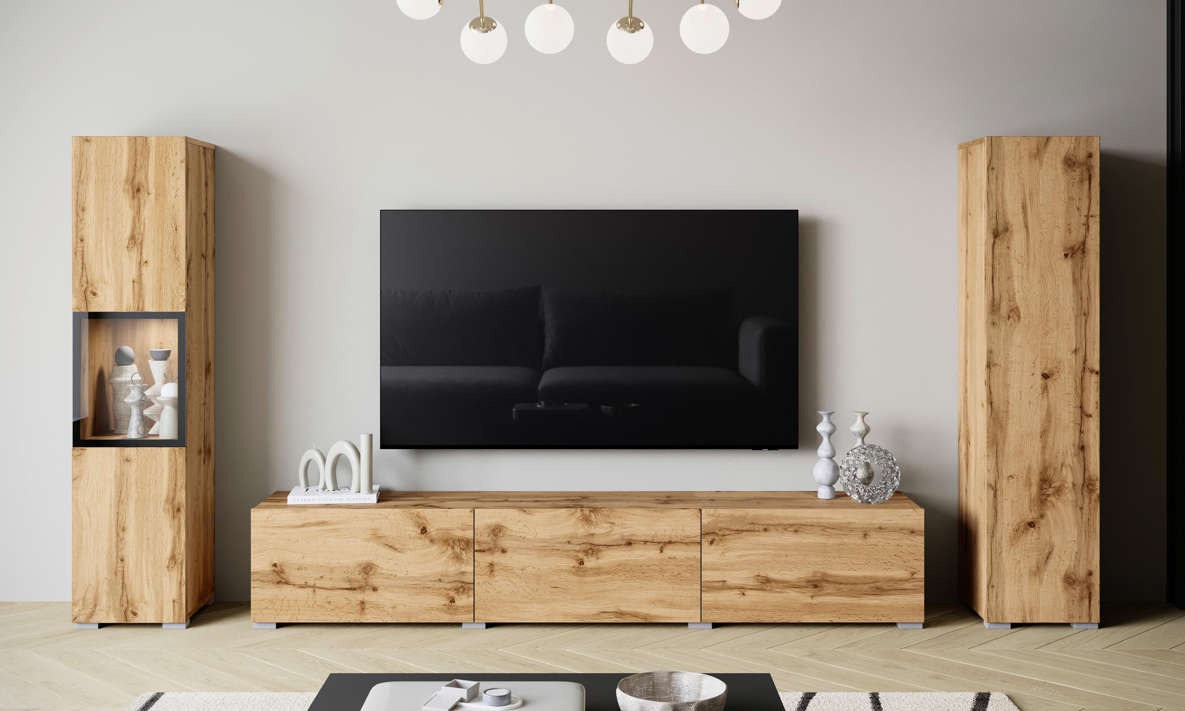 Wohnwand mit LED Berlin III Wotan Eiche Dekor - Eiche Wotan/Grau, Design, Glas/Holzwerkstoff (240/130/31cm) - P & B