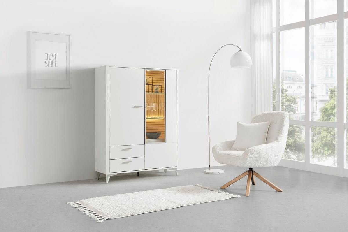 Highboard Studio 11 in Weiß/Eichefarben - Eichefarben/Alufarben, MODERN, Glas/Holzwerkstoff (115/155/40cm) - Premium Living
