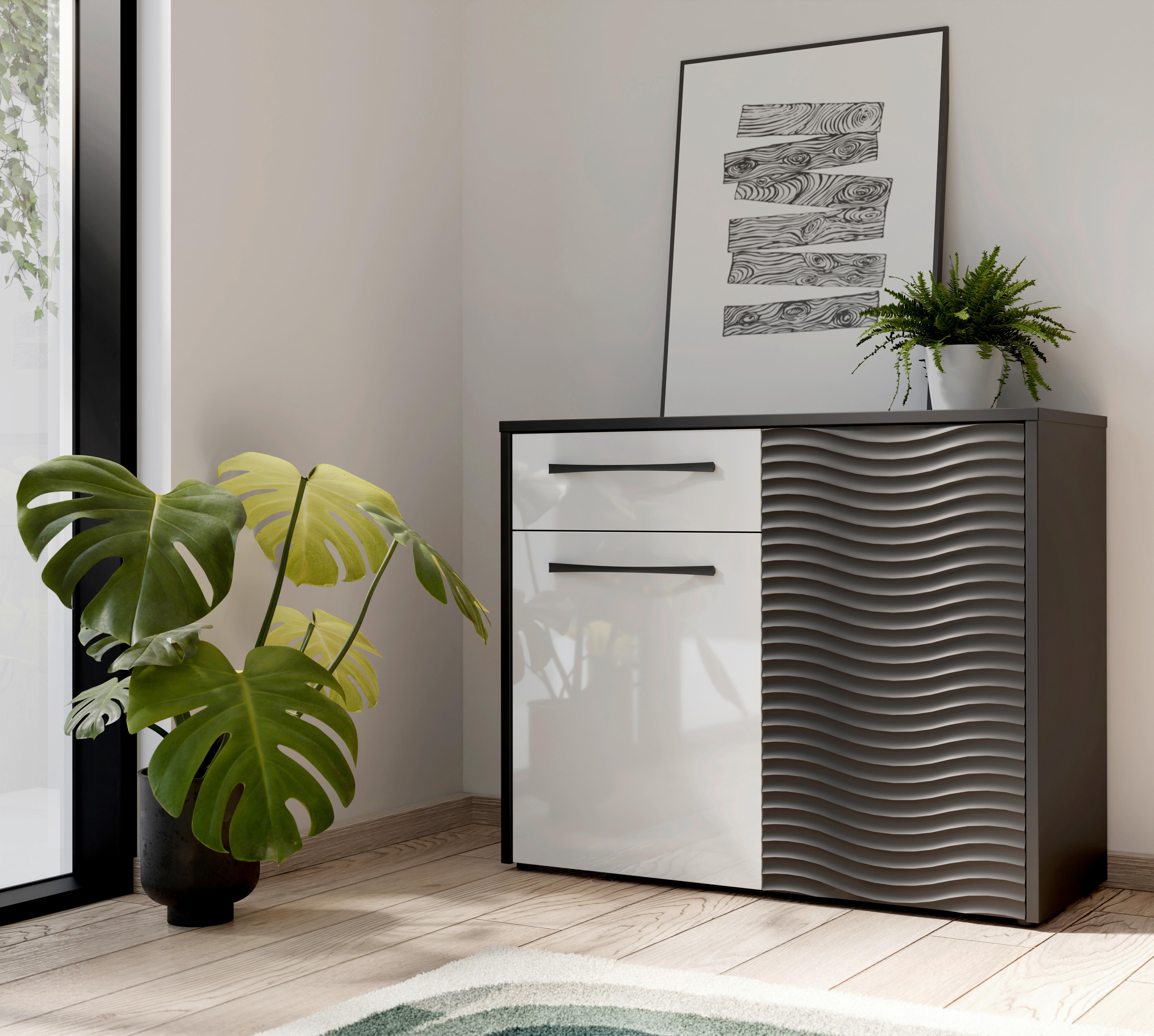 Komoda Sa Vratima Karlshamn - bela visoki sjaj/crna, Moderno, metal/pločasti materijal (110/88/42cm) - Premium Living
