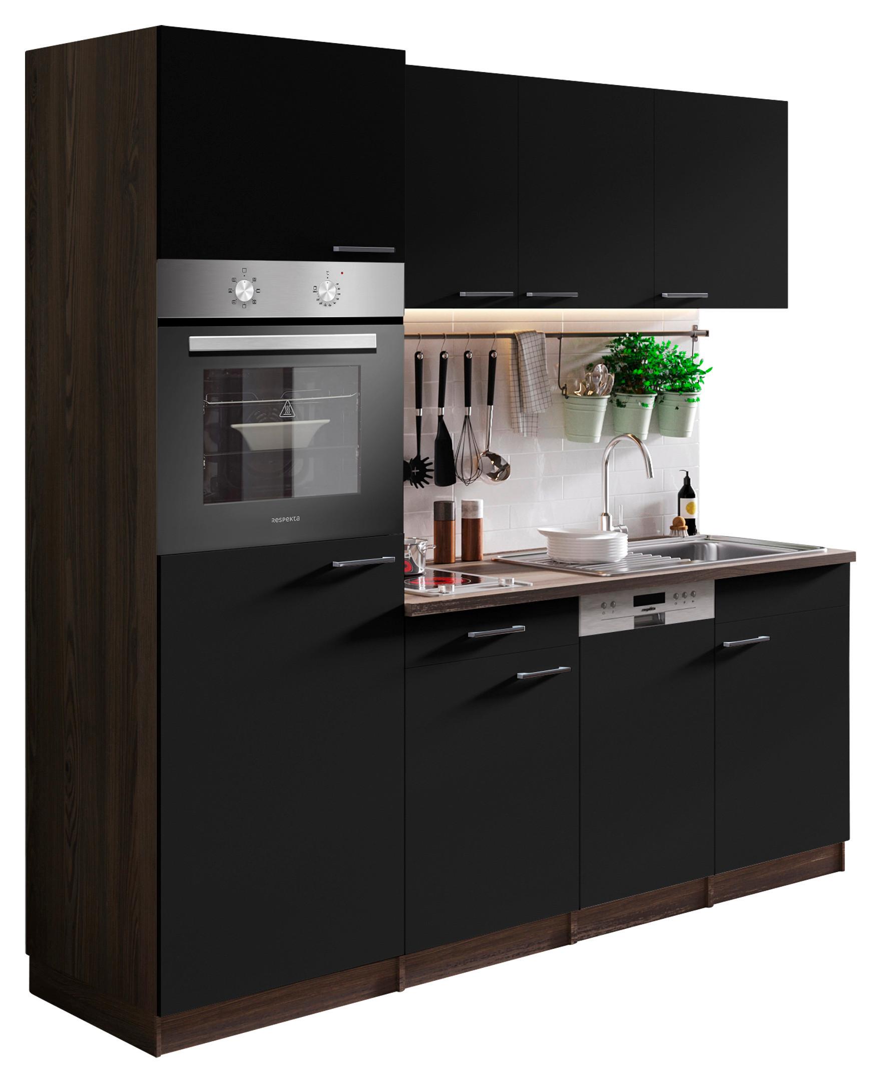 Küchenblock Oliver mit Geräten ca. 205 cm Schwarz - Eichefarben/Schwarz, Basics, Holzwerkstoff/Kunststoff (205cm) - Respekta