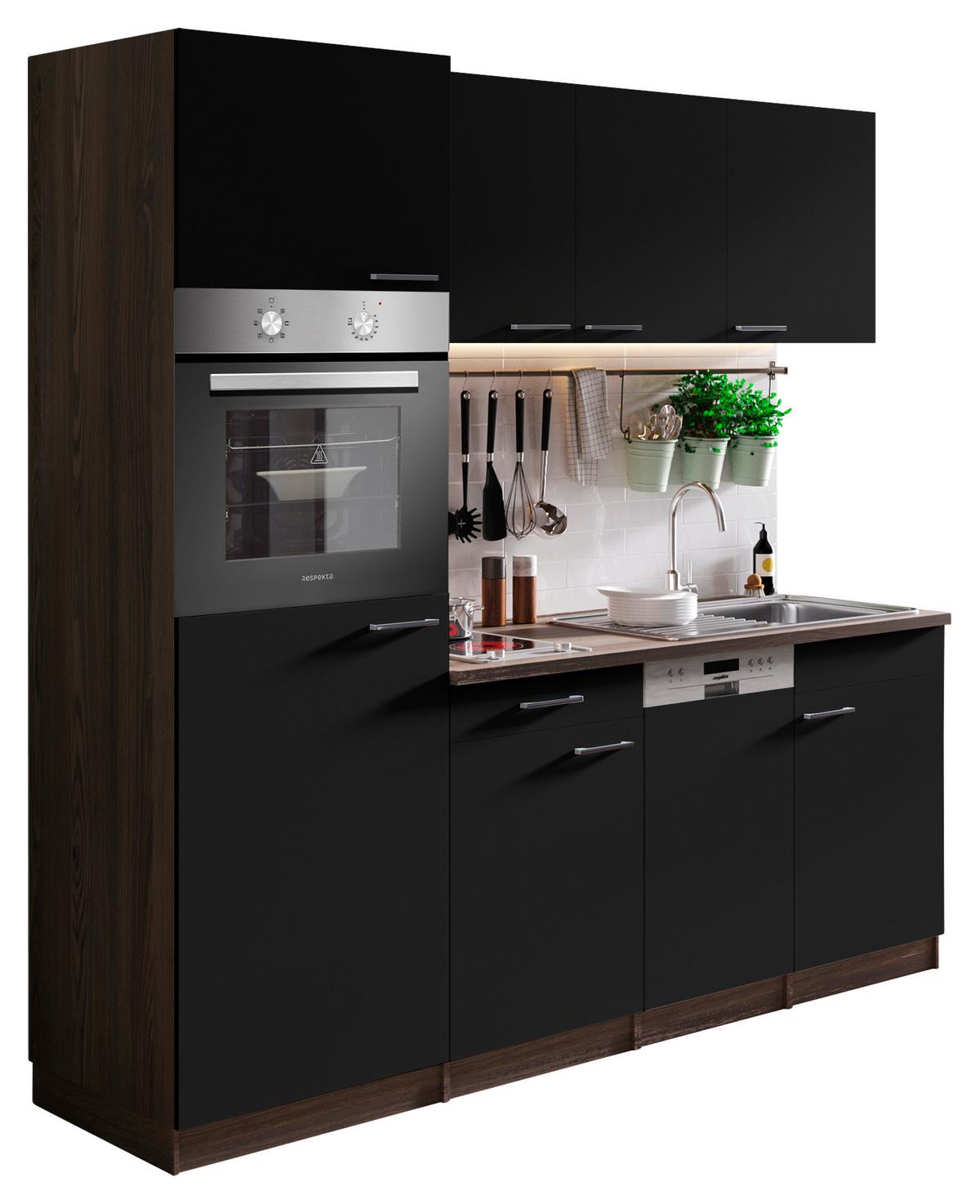 Küchenblock Oliver mit Geräten ca. 205 cm Schwarz - Eichefarben/Schwarz, Basics, Holzwerkstoff/Kunststoff (205cm) - Respekta