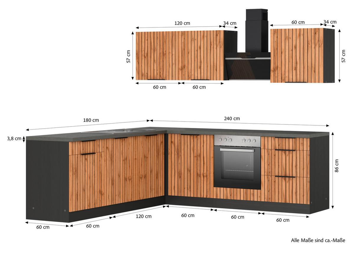 Eckküche Liverpool m. Geräten ca. 240x240cm Graphit/Eiche - Schieferfarben/Eiche Wotan, Basics, Holzwerkstoff/Metall (240/240cm) - Held
