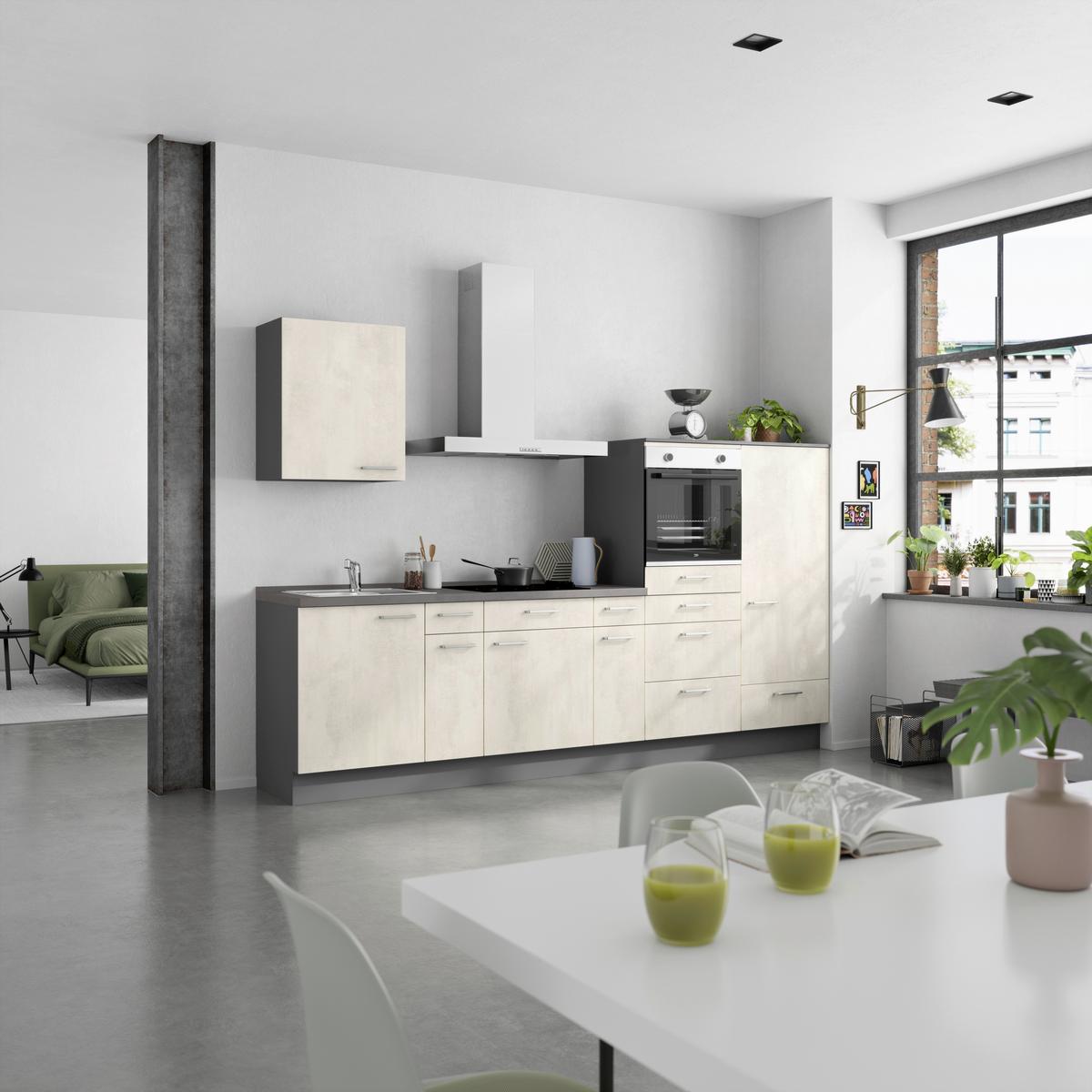 Küchenblock Riva Low m. Geräten Weiß - Schieferfarben/Edelstahlfarben, MODERN, Holzwerkstoff/Metall (300cm) - Nobilia