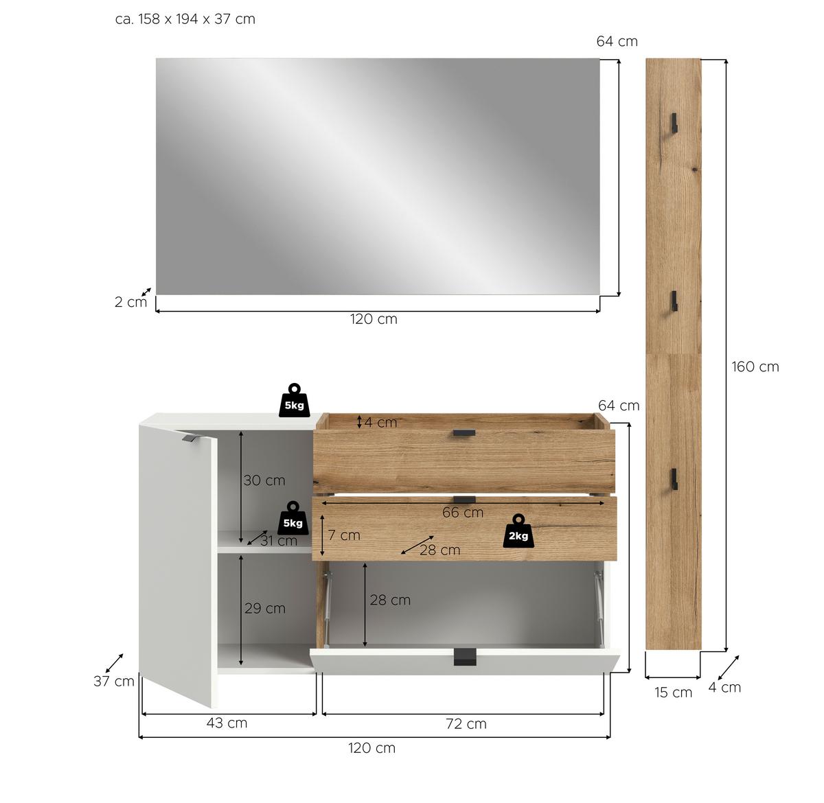 Predsoba Naro, Bela, Barva Hrasta, 3-Delna - bela/temni hrast, Design, leseni material (158/194/37cm) - Livetastic