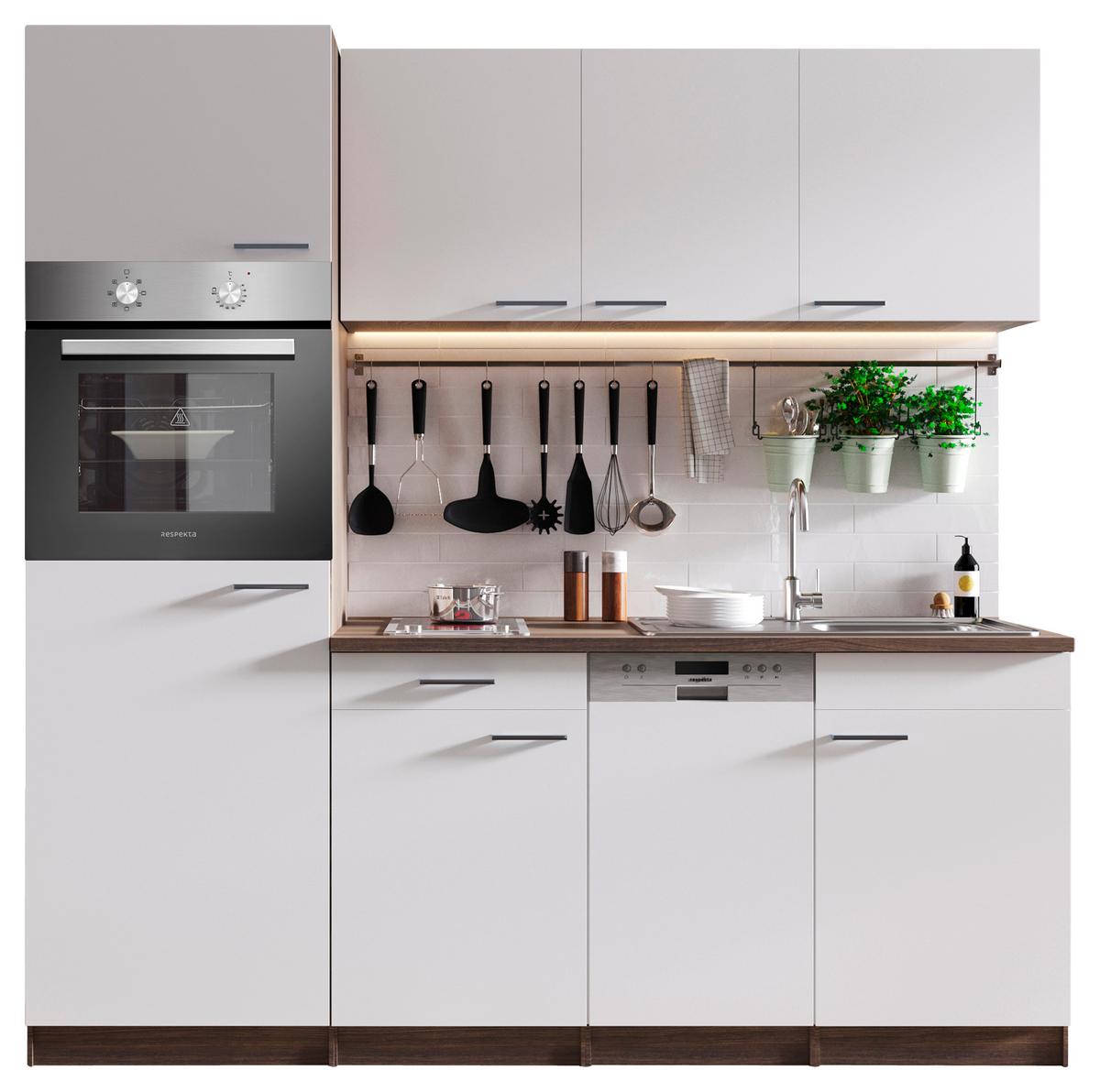 Küchenblock Oliver mit Geräten ca. 205 cm Weiß - Eichefarben/Alufarben, Basics, Holzwerkstoff/Kunststoff (205cm) - Respekta