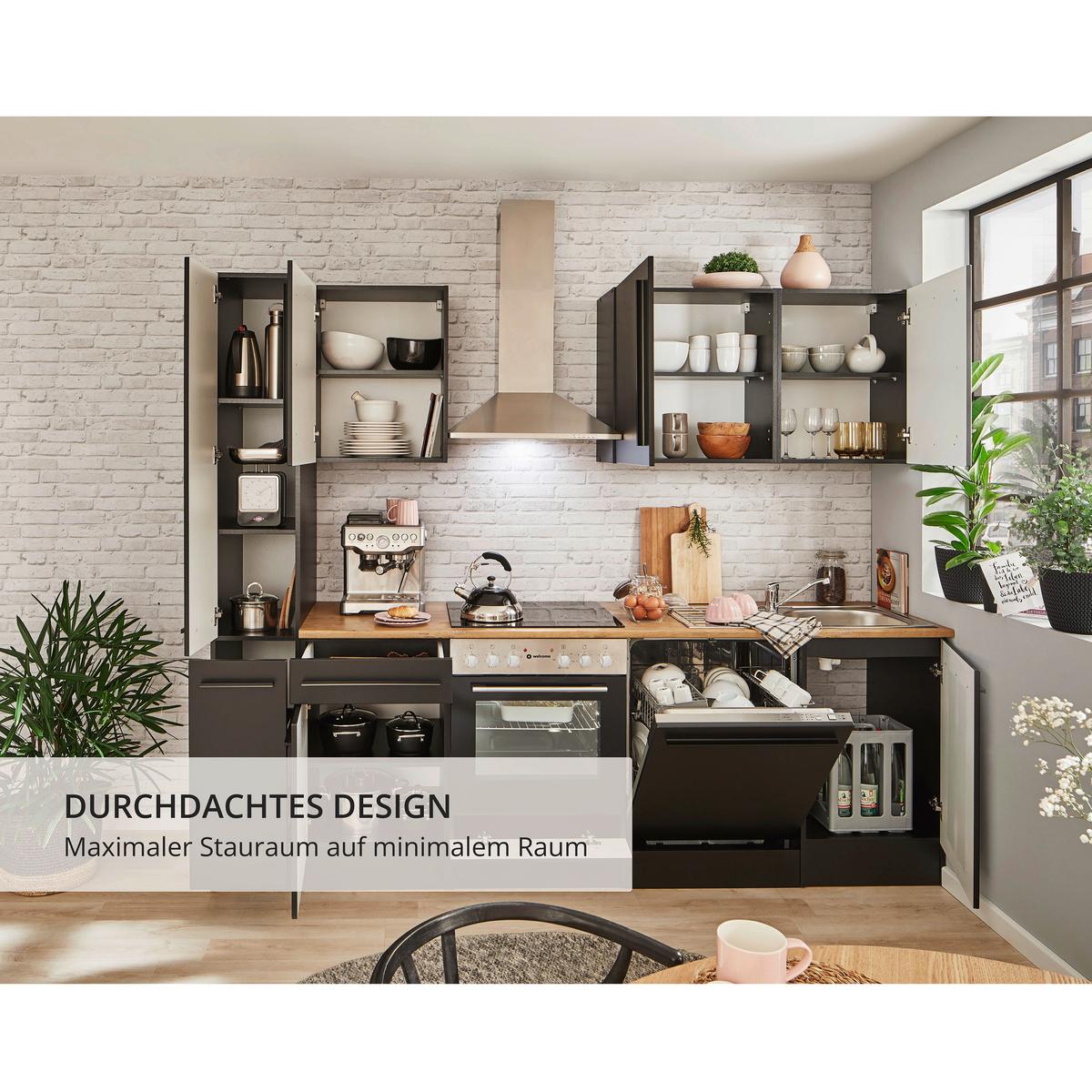 Küchenblock Jazz mit Geräten ca.250cm Schwarz - Eichefarben/Schwarz, LIFESTYLE, Holzwerkstoff/Kunststoff (250cm) - P & B