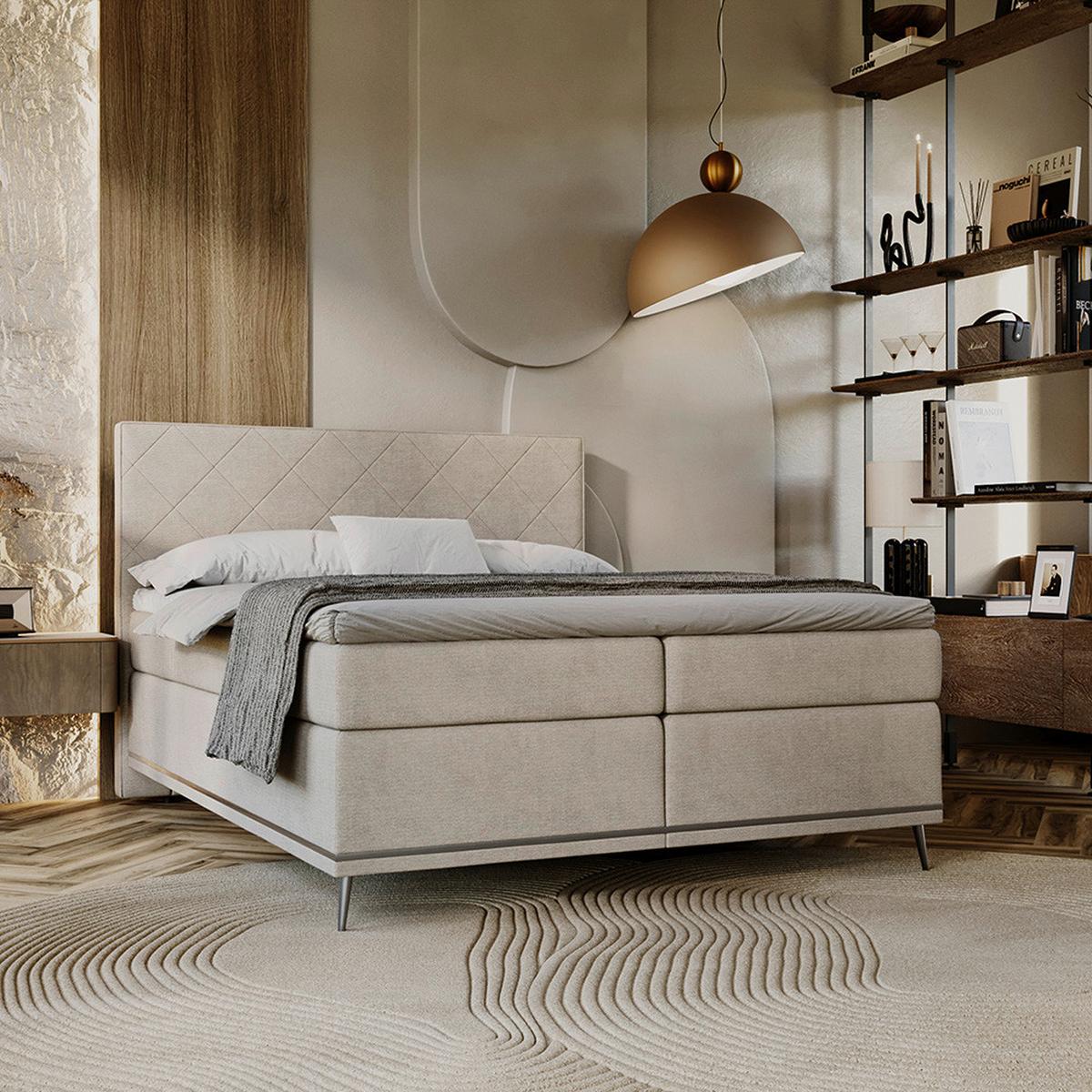 Boxspringbett CROMO Beige - Beige/Silberfarben, Konventionell, Textil/Metall (160/200cm) - Premium Living