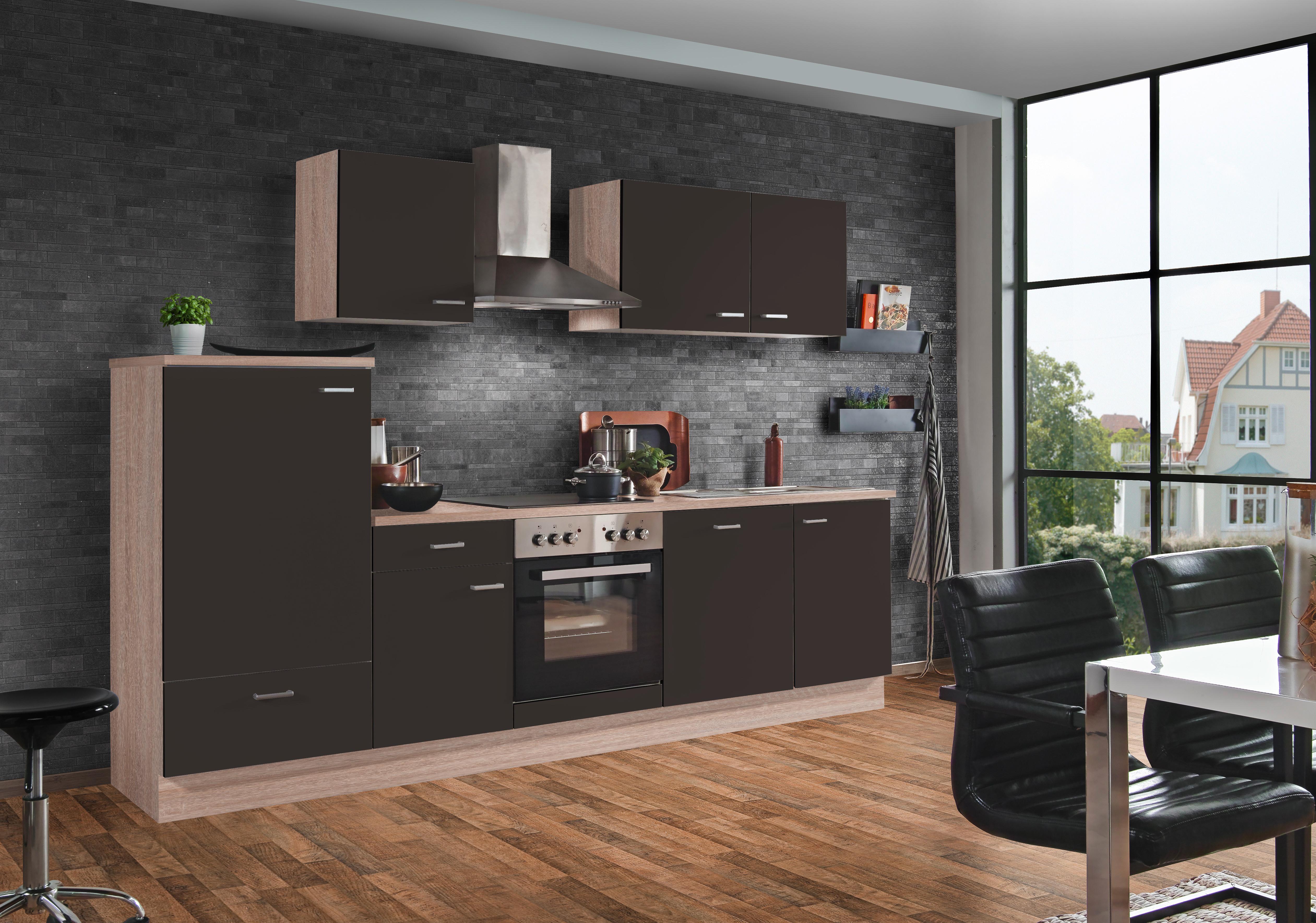 Menke Küchenblock Classic Dunkelbraun/Eiche ca. 280 cm - Dunkelbraun/Silberfarben, KONVENTIONELL, Holzwerkstoff/Kunststoff (280cm) - Menke
