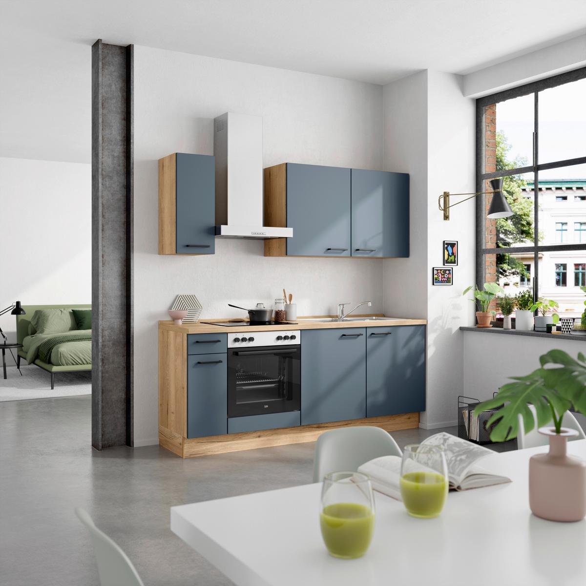 Küchenblock Easytouch Low m. Geräten Dunkelblau - Eichefarben/Schwarz, MODERN, Holzwerkstoff/Metall (210cm) - Nobilia
