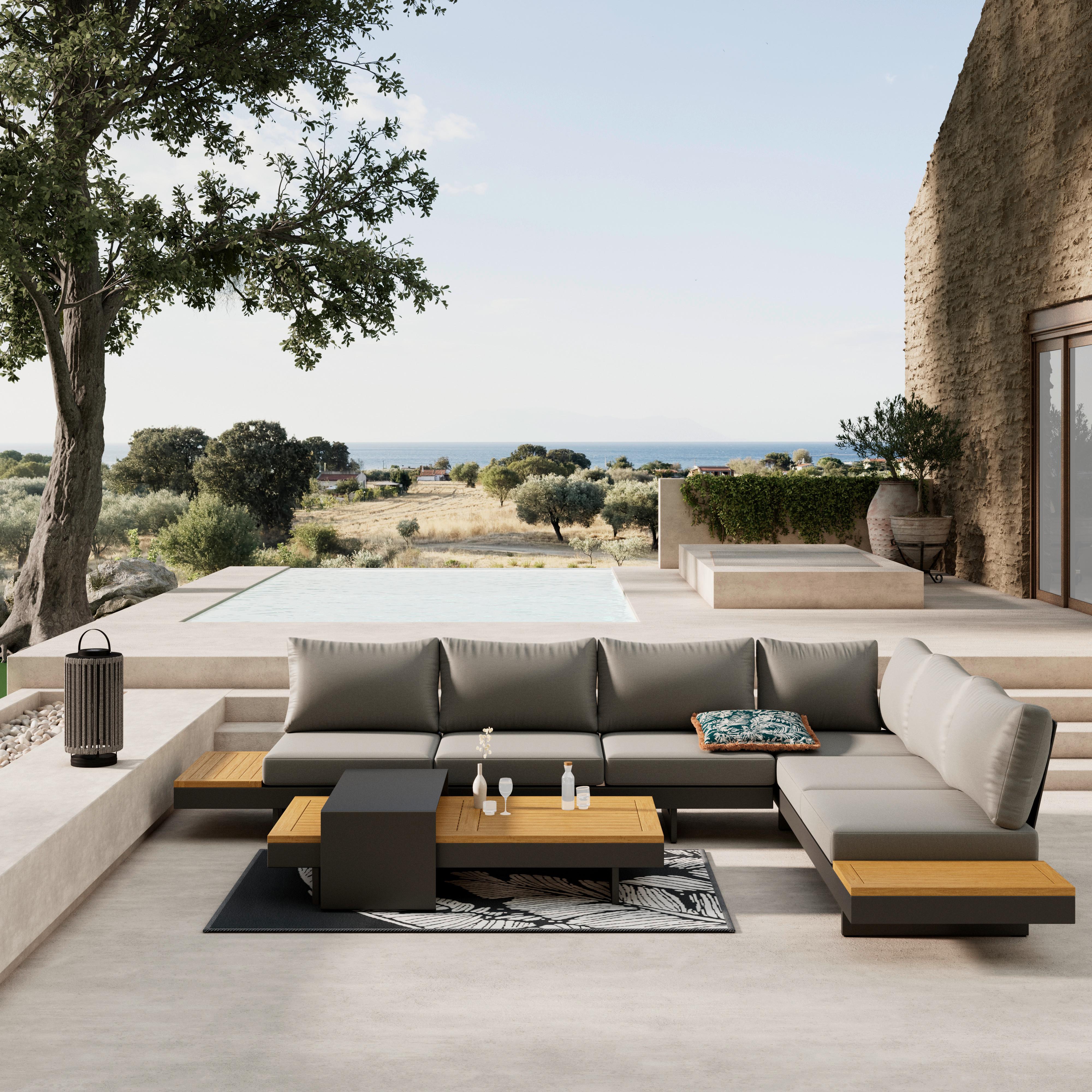 Loungegarnitur-Set Amaia Grau Metall/Outdoorstoff +Abdeckung - Dunkelgrau/Grau, MODERN, Holz/Textil (323/80/70cm) - Bessagi Garden