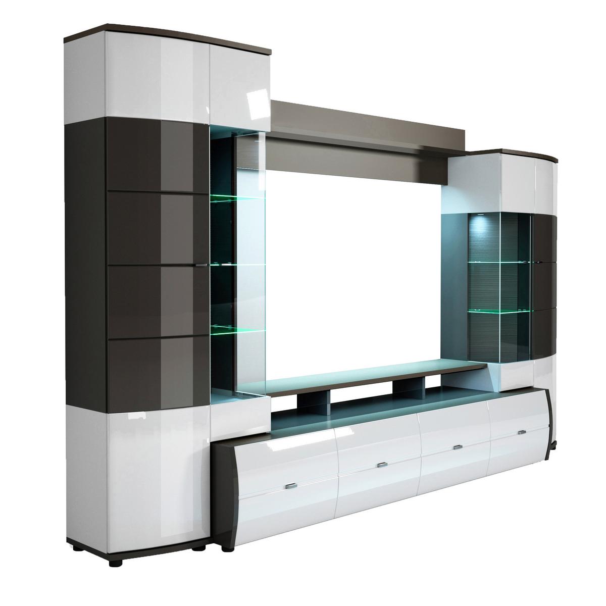 MEBLOŚCIANKA DO SALONU TRENDY - biały wysoki połysk/kolor srebrny, Modern, materiał drewnopochodny/tworzywo sztuczne (300/194/54cm) - Livetastic