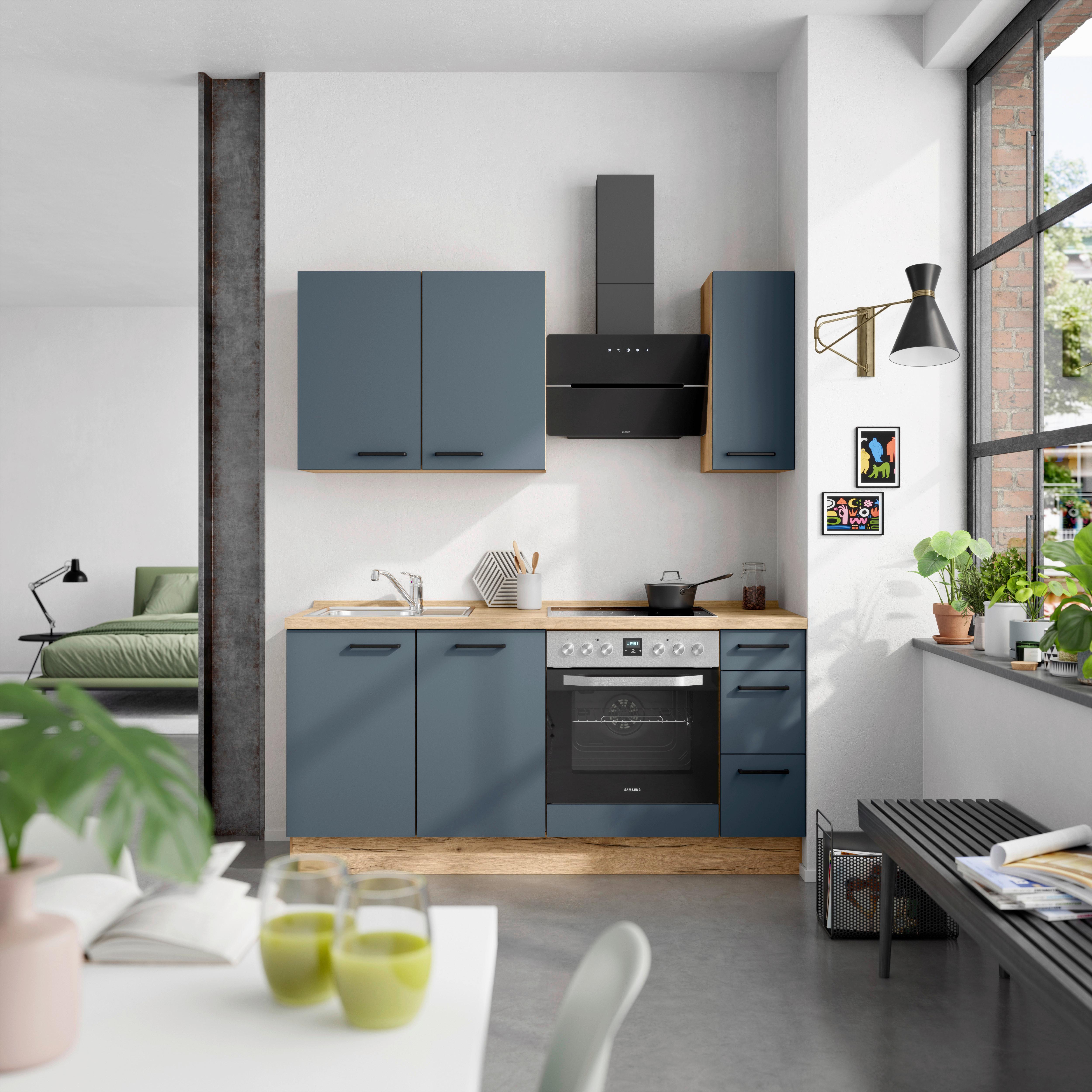 Küchenblock Easytouch High m. Geräten Dunkelblau - Eichefarben/Schwarz, MODERN, Holzwerkstoff/Metall (180cm) - Nobilia