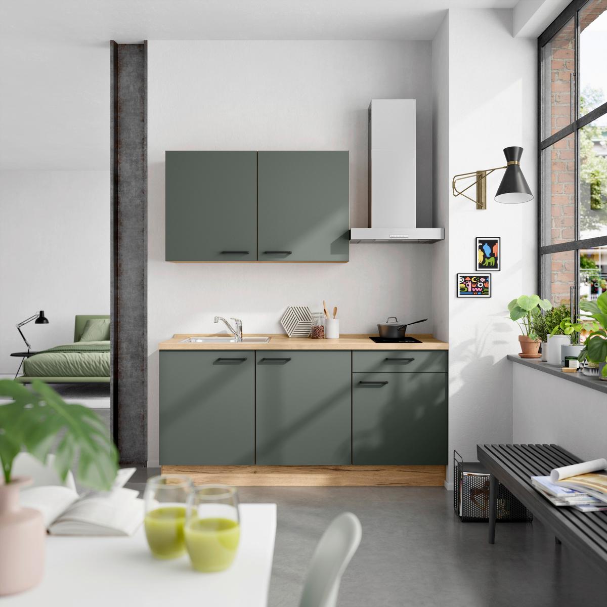 Küchenblock Easytouch m. Geräten Dunkelgrün - Dunkelgrün/Eichefarben, MODERN, Holzwerkstoff/Metall (180cm) - Nobilia