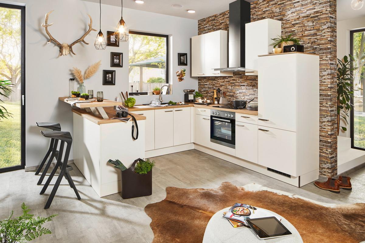 Einbauküche inkl. 4 E-Geräte PN 80 Magnolieweiss - Edelstahlfarben/Magnolie, MODERN, Holzwerkstoff/Metall (300/275cm) - Pino