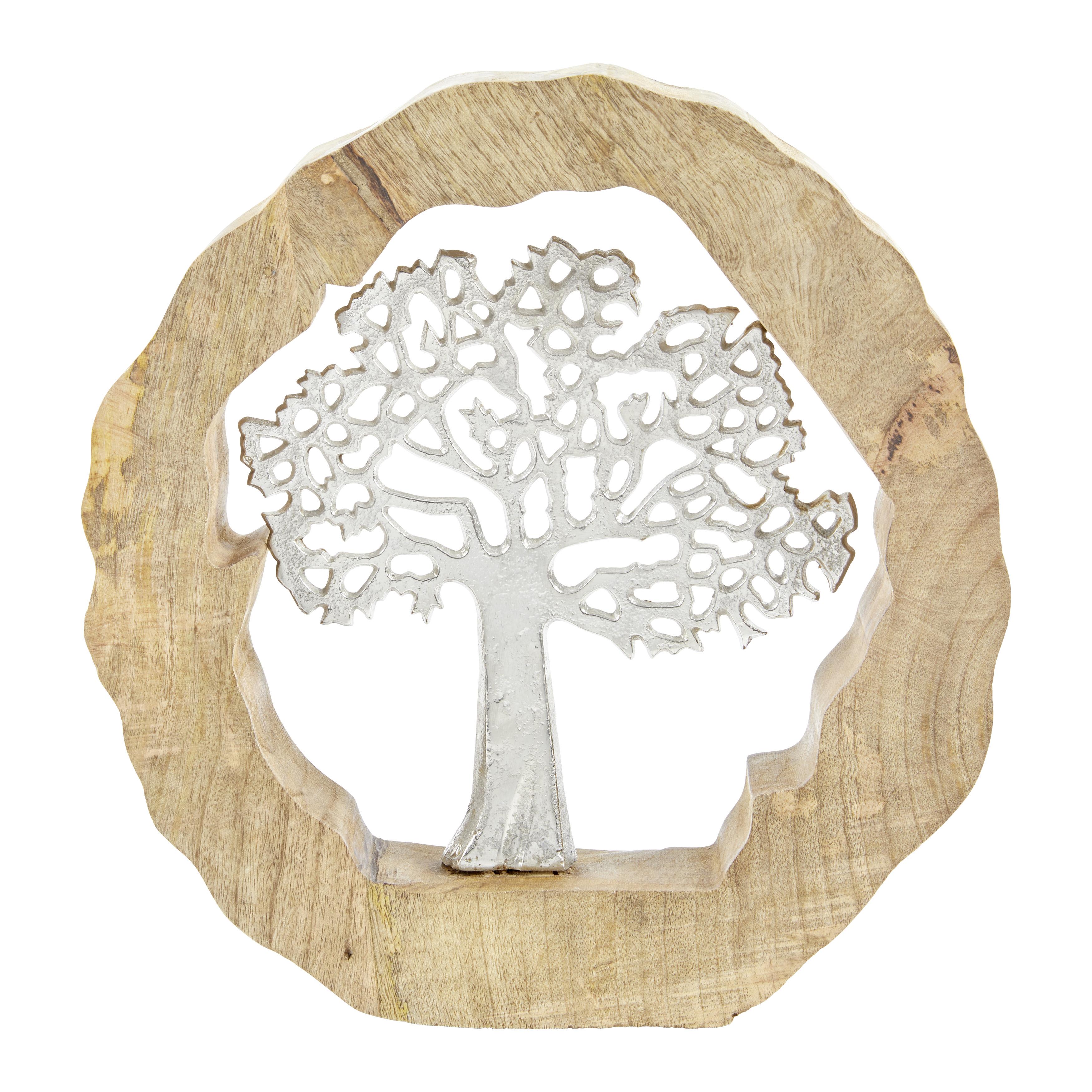 Skulptur Tree in Silber/Naturfarben - Silberfarben/Naturfarben, Holz/Metall (31/5/34cm)