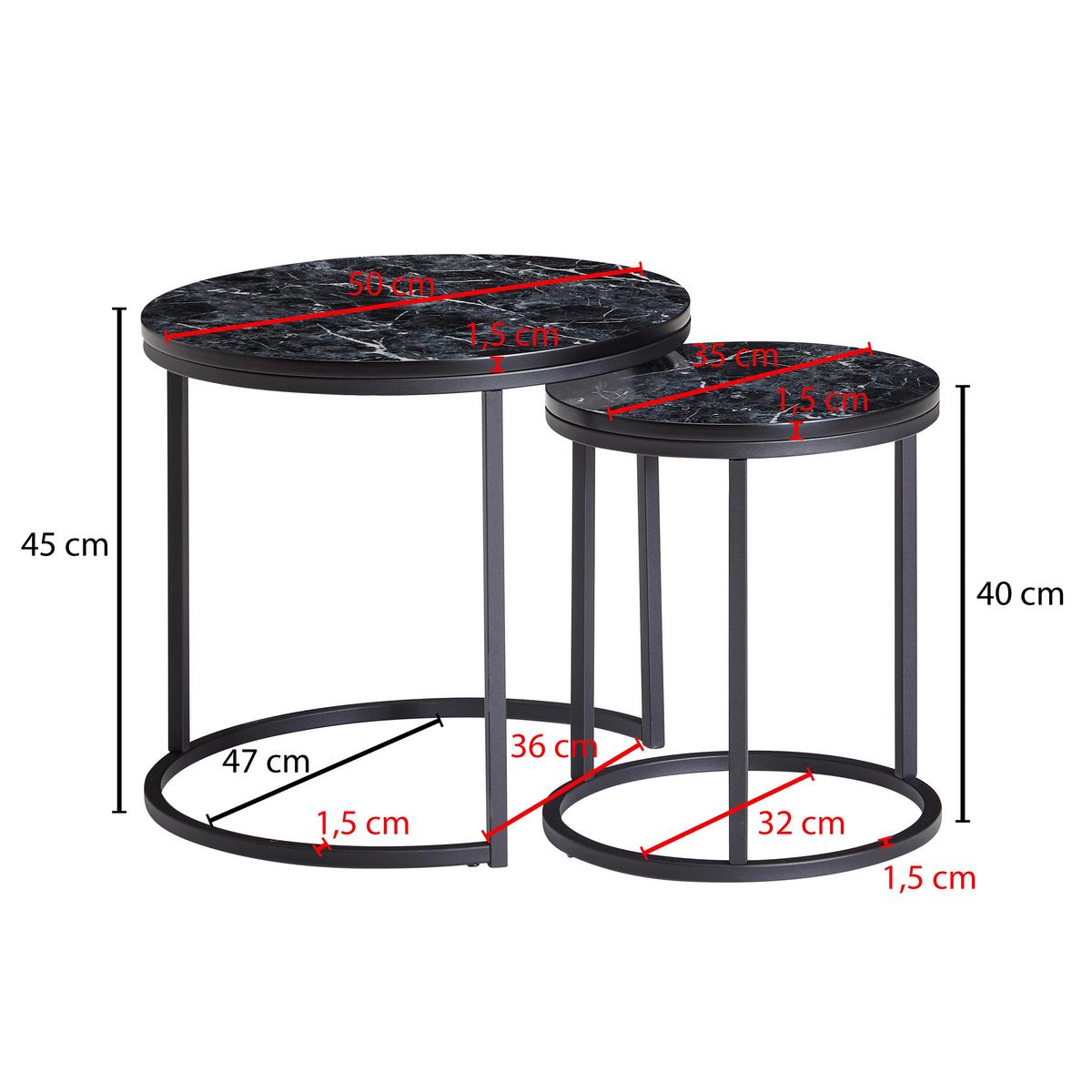 Beistelltisch rund 2er-Set Marmoroptik Schwarz - Schwarz, KONVENTIONELL, Holzwerkstoff/Metall (50/50/45cm) - MID.YOU