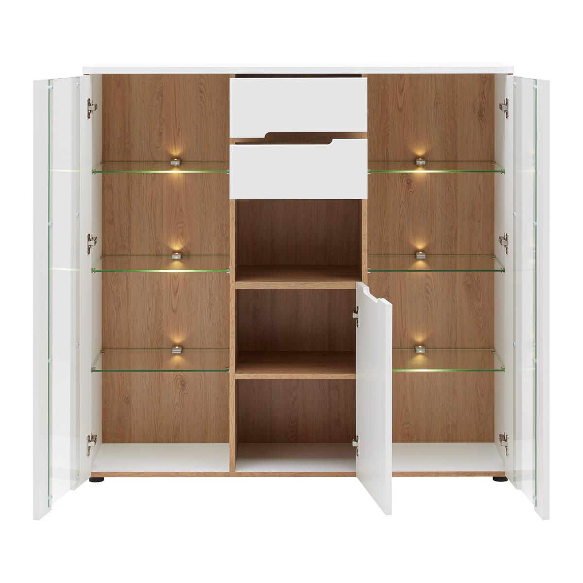 Highboard Dallas Weiss/Eiche Artisan - Weiss/Schwarz, Modern, Holzwerkstoff (130/127/38cm) - Premium Living