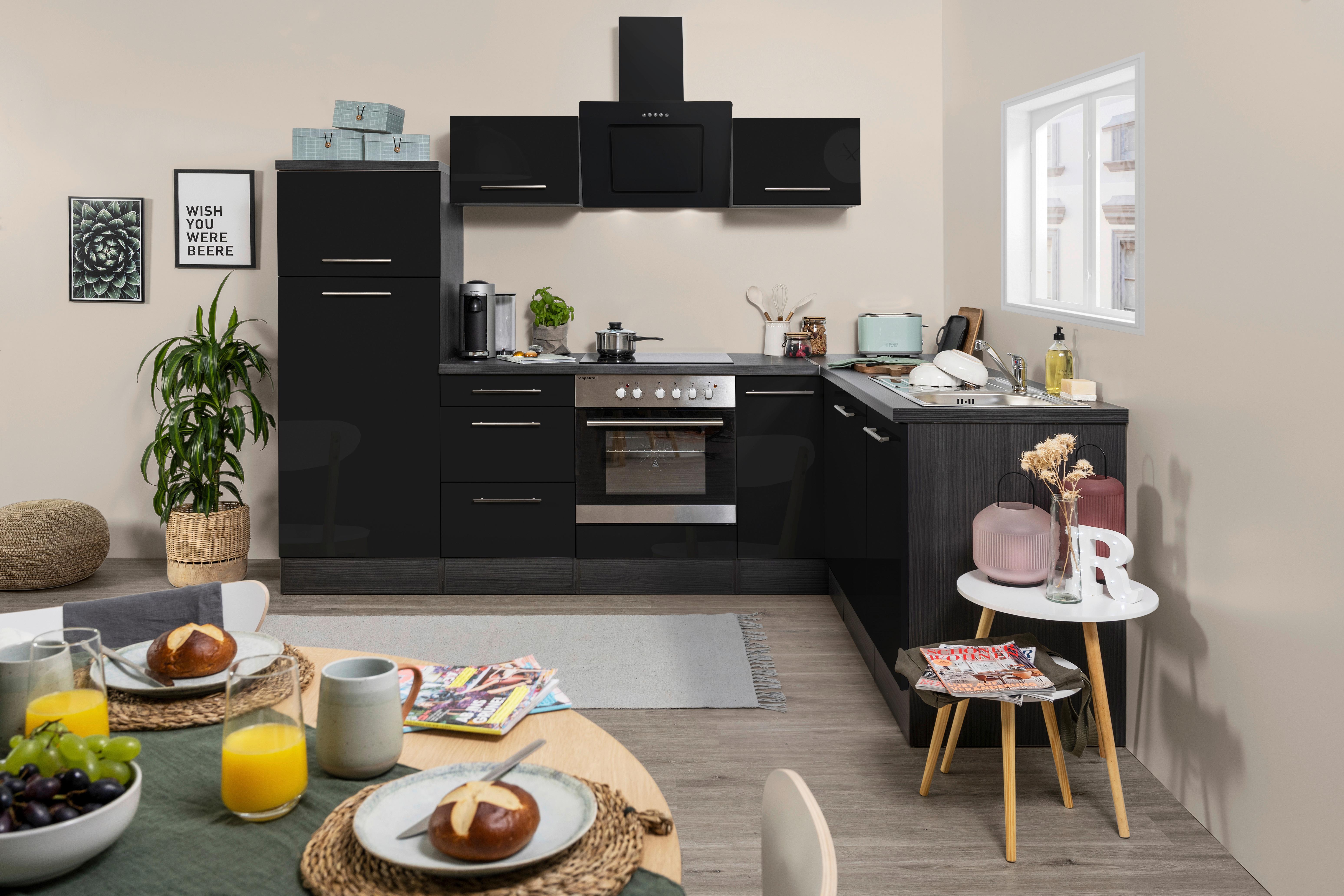 Eckküche mit Geräte Schwarz Hochglanz ca. 260x200 cm - Schwarz/Alufarben, KONVENTIONELL, Holzwerkstoff/Metall (260/200cm) - Respekta