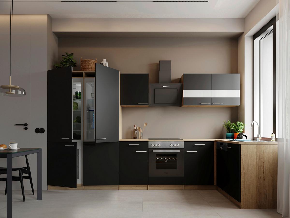 Eckküche Merle m. Geräten ca. 340x172cm Schwarz - Edelstahlfarben/Eichefarben, Trend, Holzwerkstoff/Metall (340/172cm) - Respekta