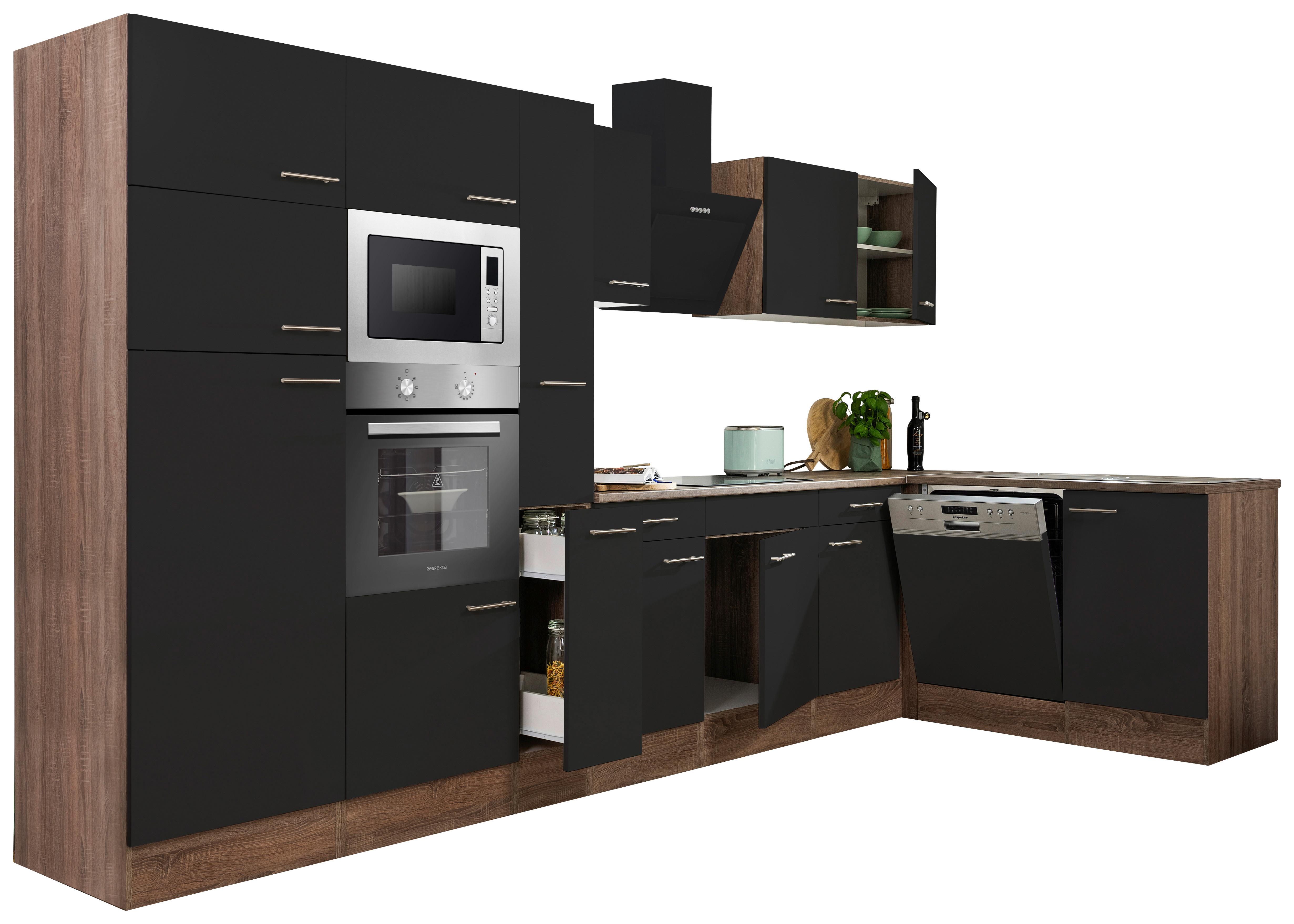 Eckküche Oliver mit Geräten ca. 370x172 cm Schwarz - Eichefarben/Schwarz, Basics, Holzwerkstoff/Metall (370/172cm) - Respekta