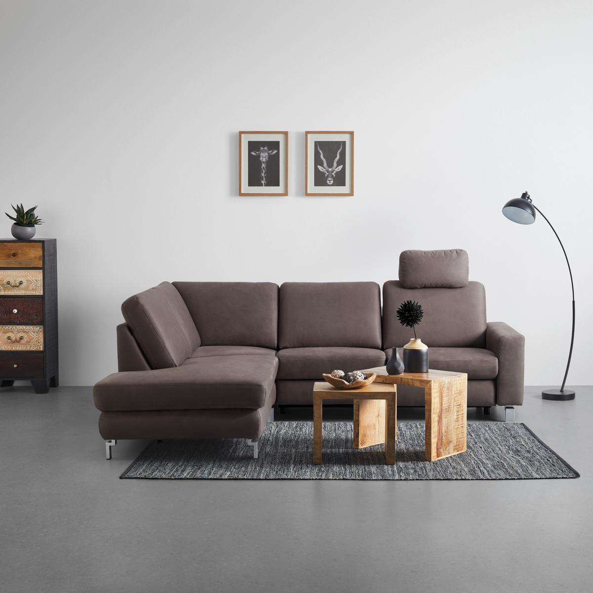 Ecksofa in Anthrazit mit Relaxfunktion - Chromfarben/Beige, Konventionell, Textil/Metall (263/89/220cm) - Premium Living