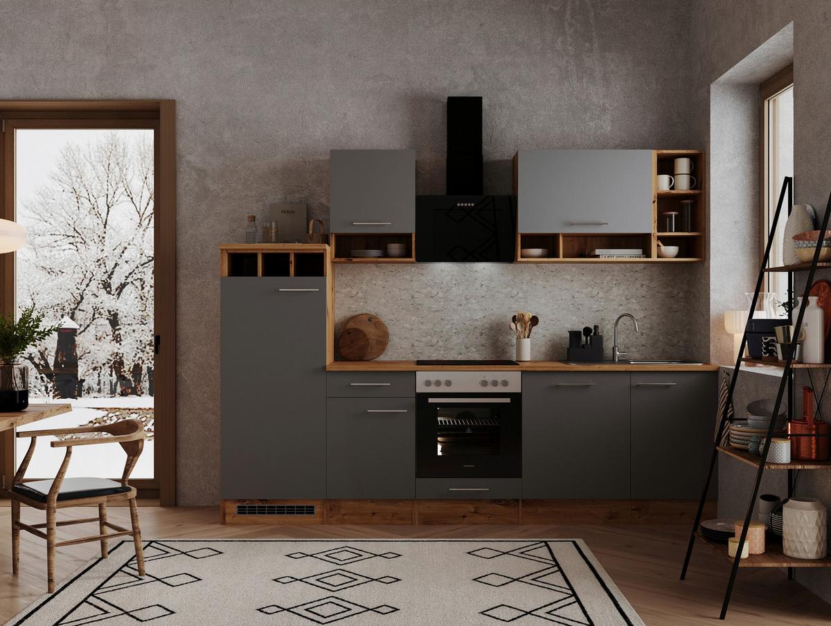 Küchenzeile Economy mit Geräte Grau/Wildeiche B: 280 cm - Wildeiche/Edelstahlfarben, Basics, Holzwerkstoff/Metall (280cm) - Respekta