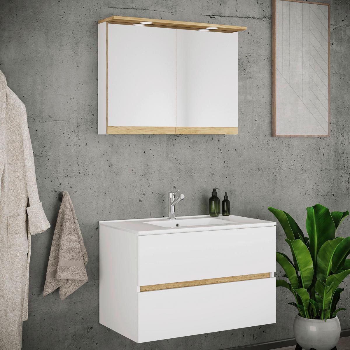Badezimmer Cosila - Honigeiche/Weiss, Trend, Keramik/Holzwerkstoff (81cm) - MID.YOU
