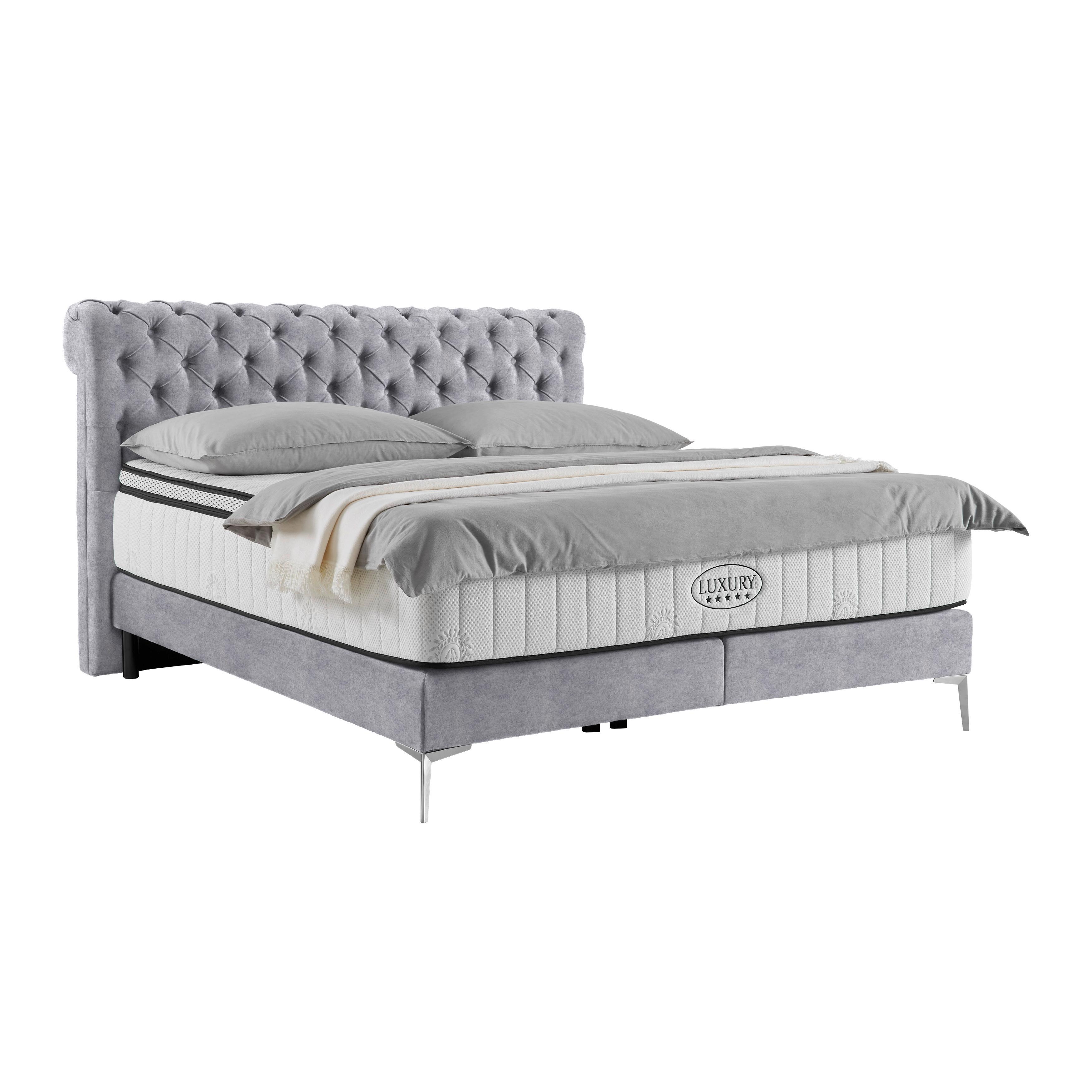 Boxspringbett Queen in Hellgrau ca. 180x200cm - Chromfarben/Goldfarben, KONVENTIONELL, Textil (180/200cm) - Premium Living