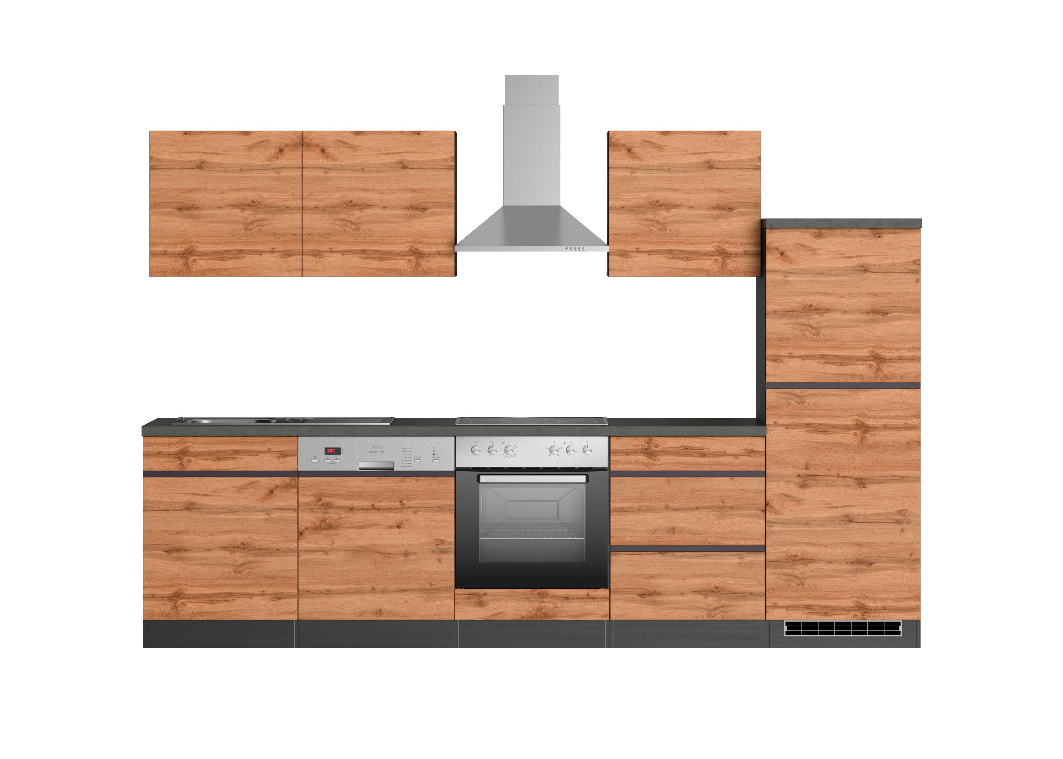 Küchenblock Turin mit Geräten ca. 300 cm Eiche/Grau - Eiche Wotan/Graphitfarben, Design, Holzwerkstoff (300cm) - Held