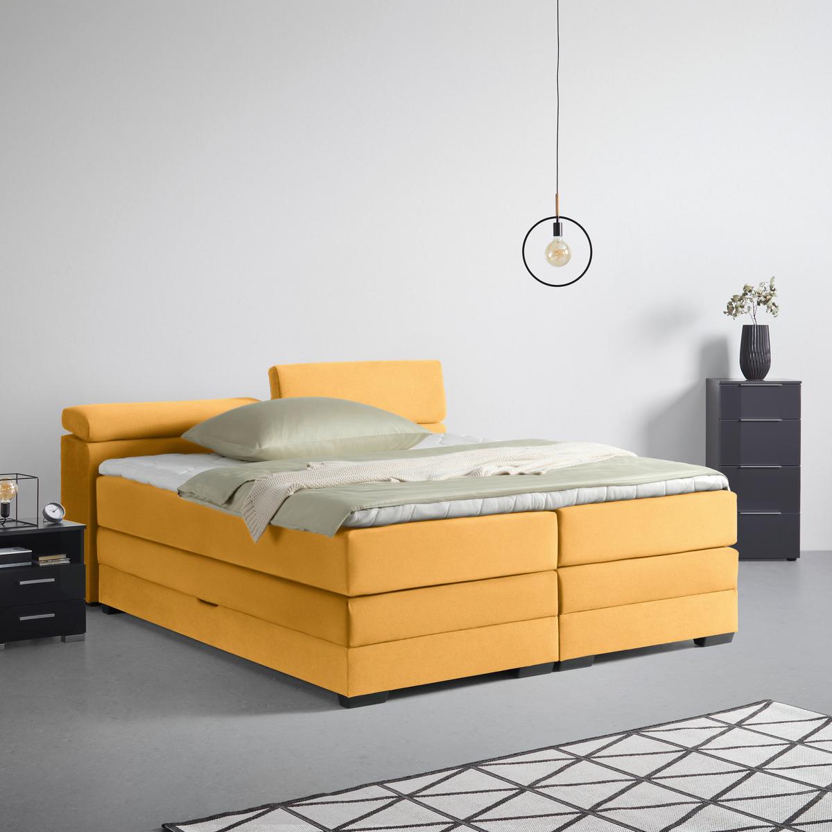 Boxspringbett Sevilla Senfgelb ca. 180x200cm - Senfgelb/Schwarz, KONVENTIONELL, Holz/Kunststoff (180/200cm) - Premium Living